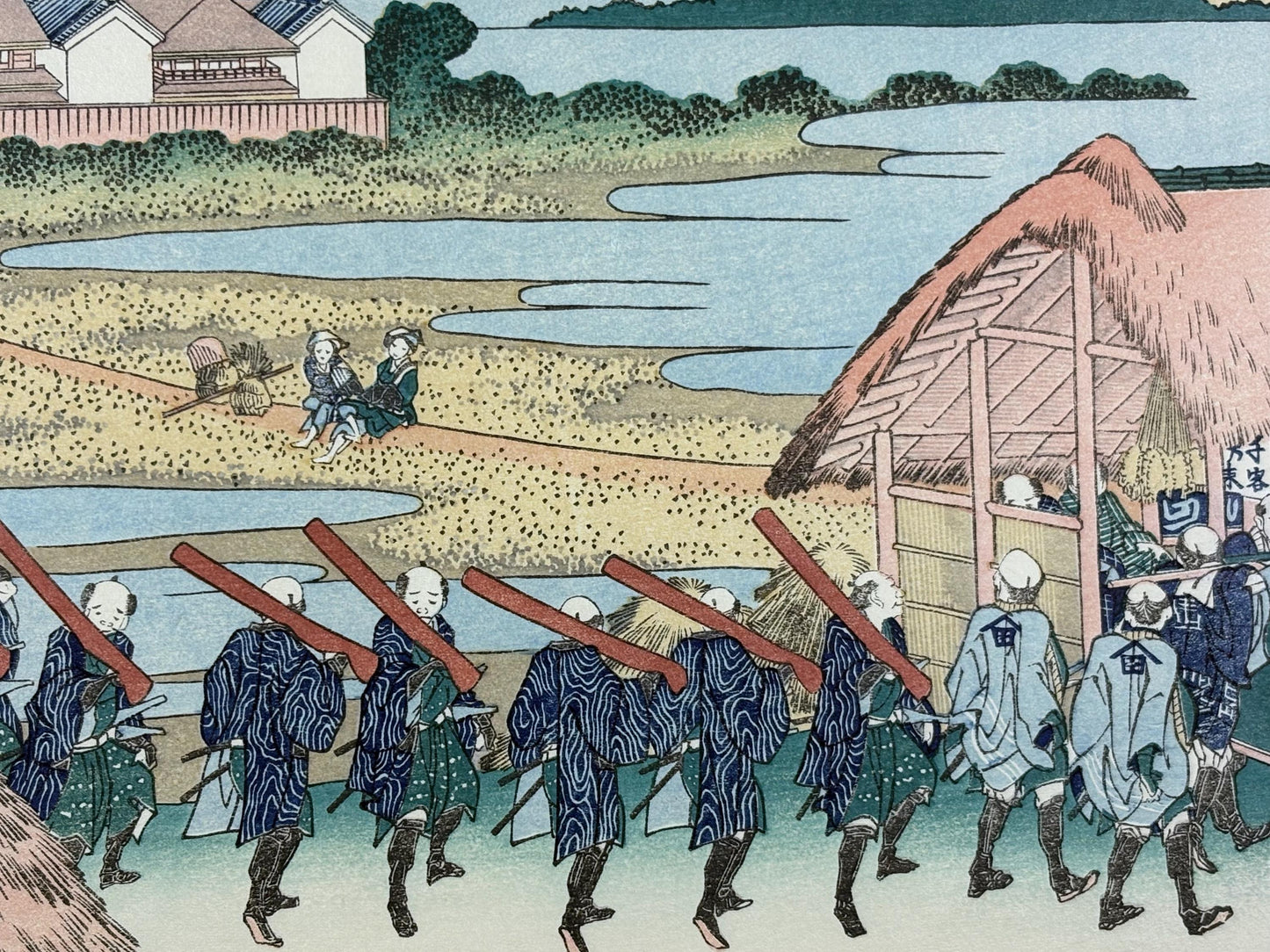Japanese Ukiyo-e, Woodcut print, Hokusai, "Pleasure District at Senju"