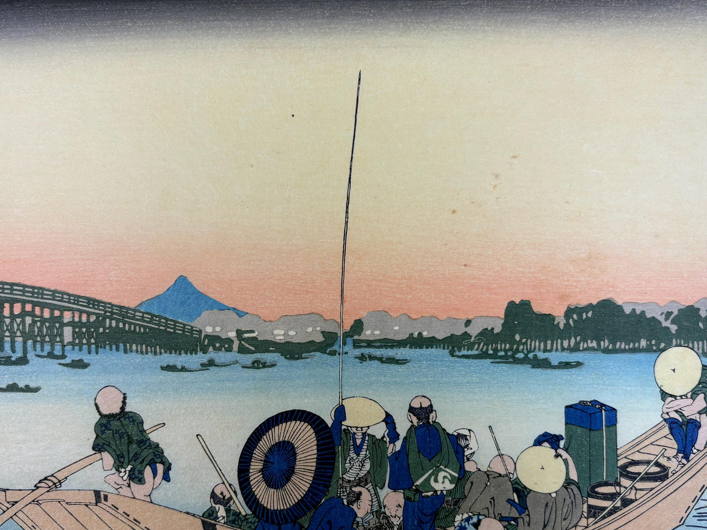 Japanese Ukiyo-e, Woodcut print, Hokusai, "Sunset across the Ryōgoku bridge from the bank of the Sumida River at Onmayagashi"