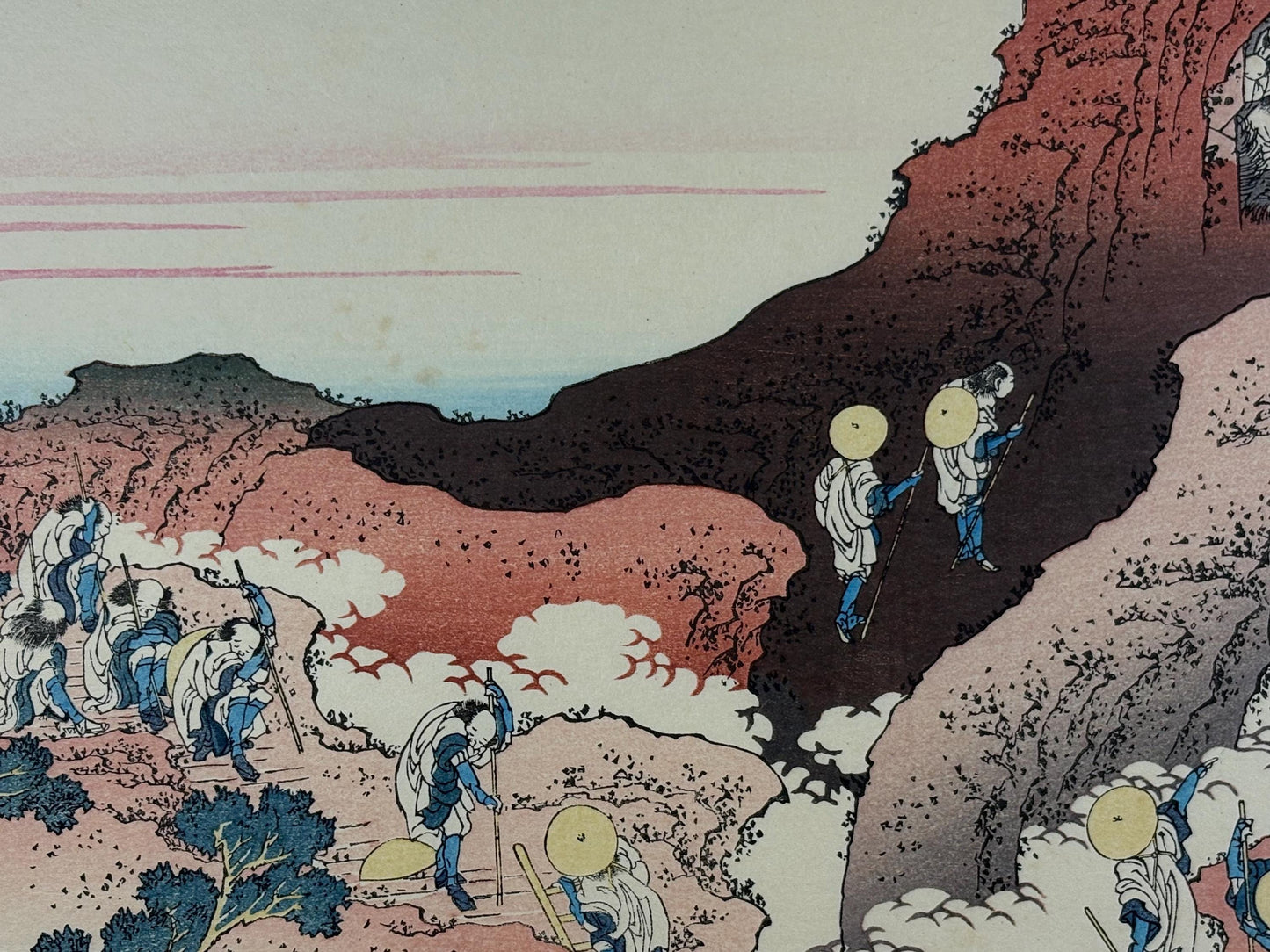 Japanese Ukiyo-e Woodblock print, Hokusai, " Climbing on Fuji"