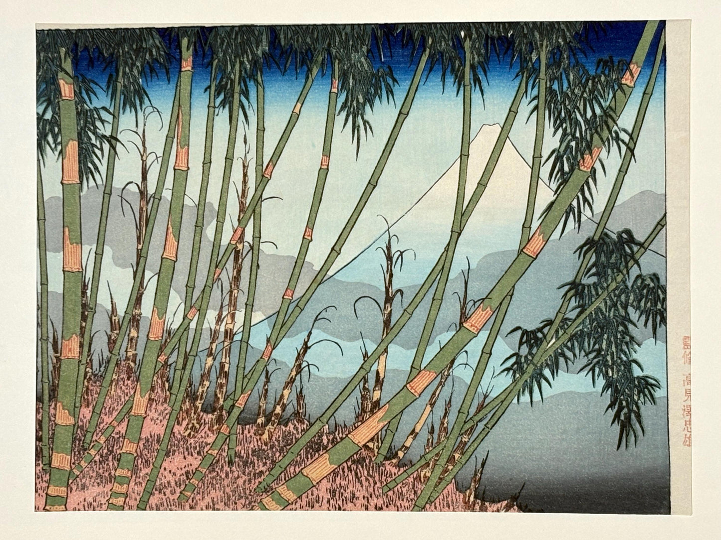 Japanese Ukiyo-e Woodblock print, Katsushika Hokusai, "The early spring scenery of Mt.Fuji from Meguro"