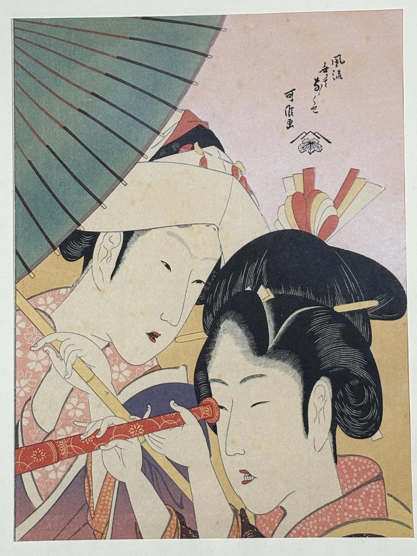 Japanese Ukiyo-e Woodblock print, Katsushika Hokusai, "A court lady and a young woman with the telescope of foreign made"