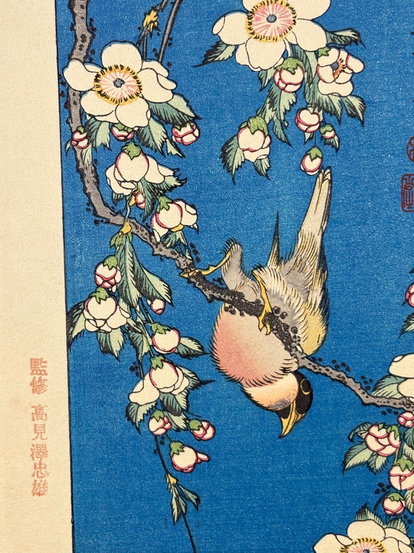 Japanese Ukiyo-e Woodblock print, Katsushika Hokusai, "A Bullfinch and A Dropping Cherry Tree"