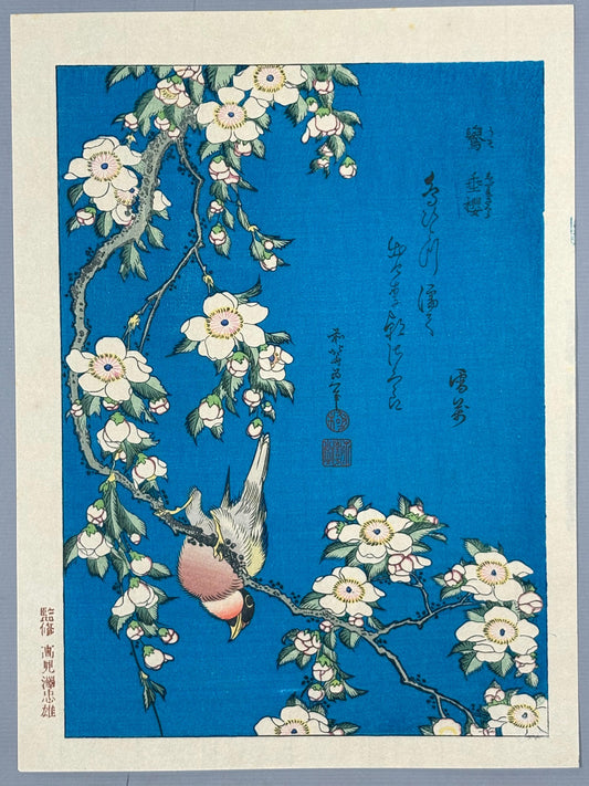 Japanese Ukiyo-e Woodblock print, Katsushika Hokusai, "A Bullfinch and A Dropping Cherry Tree"