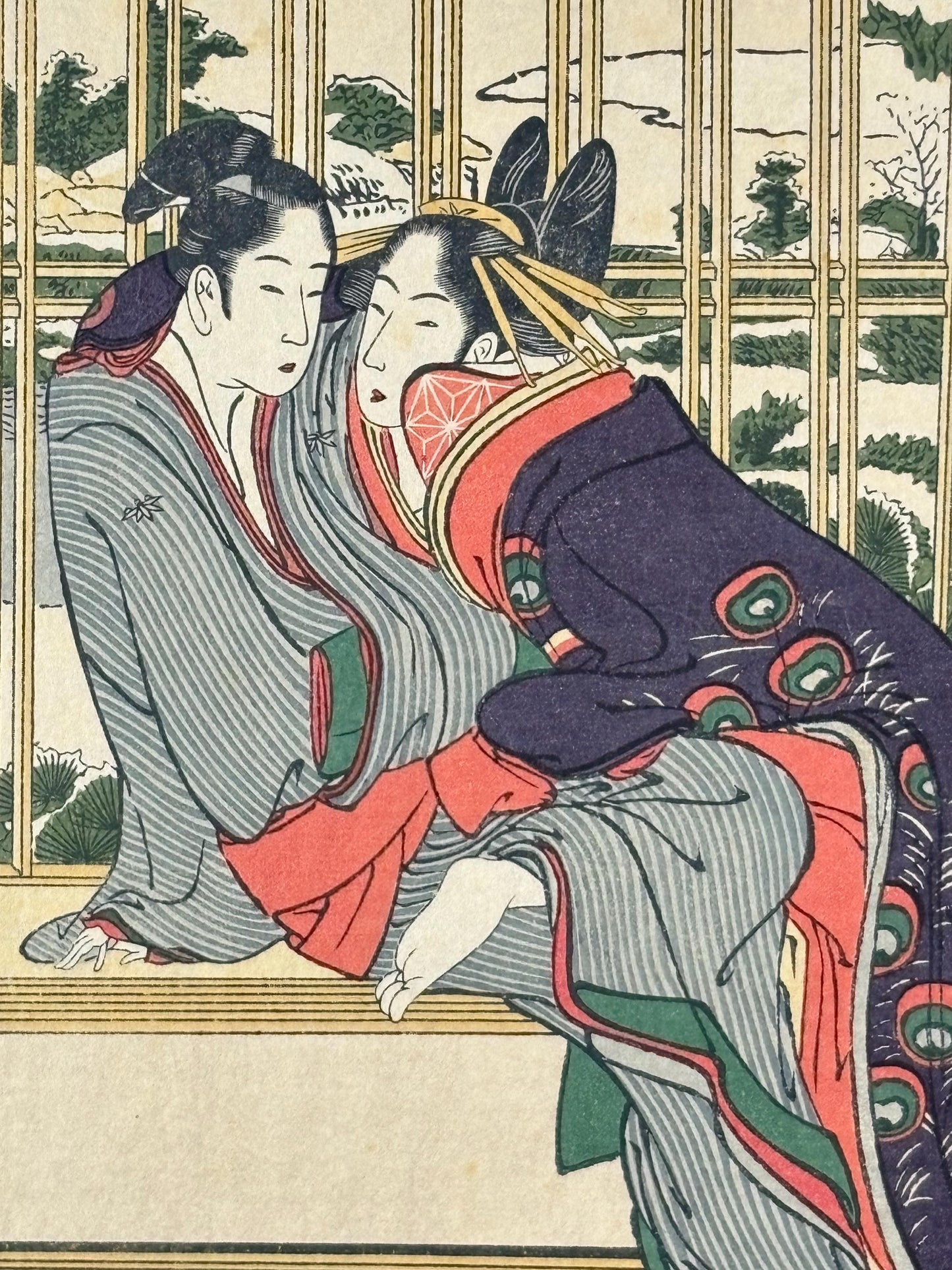 Japanese Ukiyoe, Woodblock print, Katsushika Hokusai, "Azuma and Yogoro in a snowy morning"