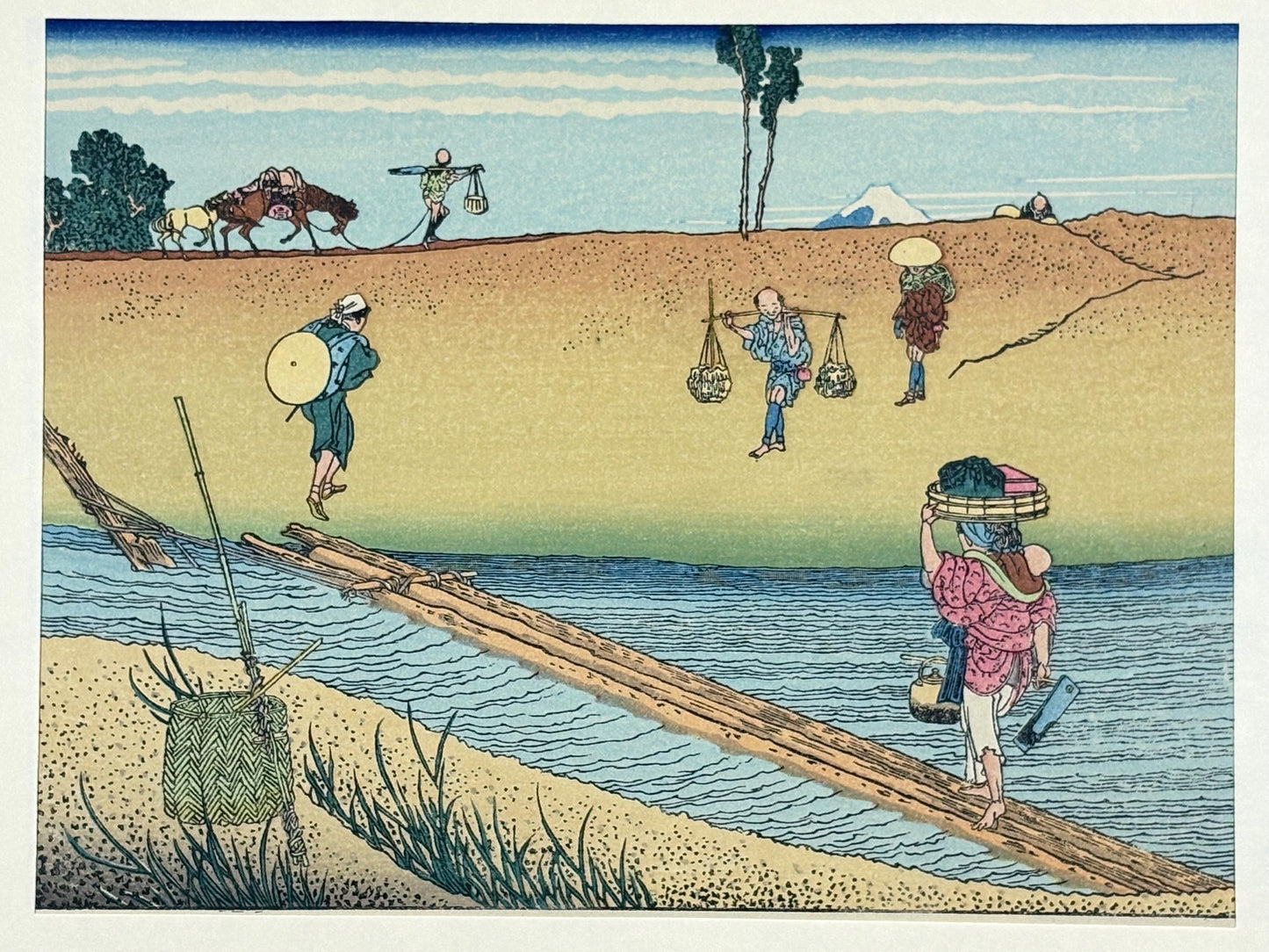 Japanese Ukiyoe, Woodblock print, Katsushika Hokusai, "Mt.fuji over the bank"