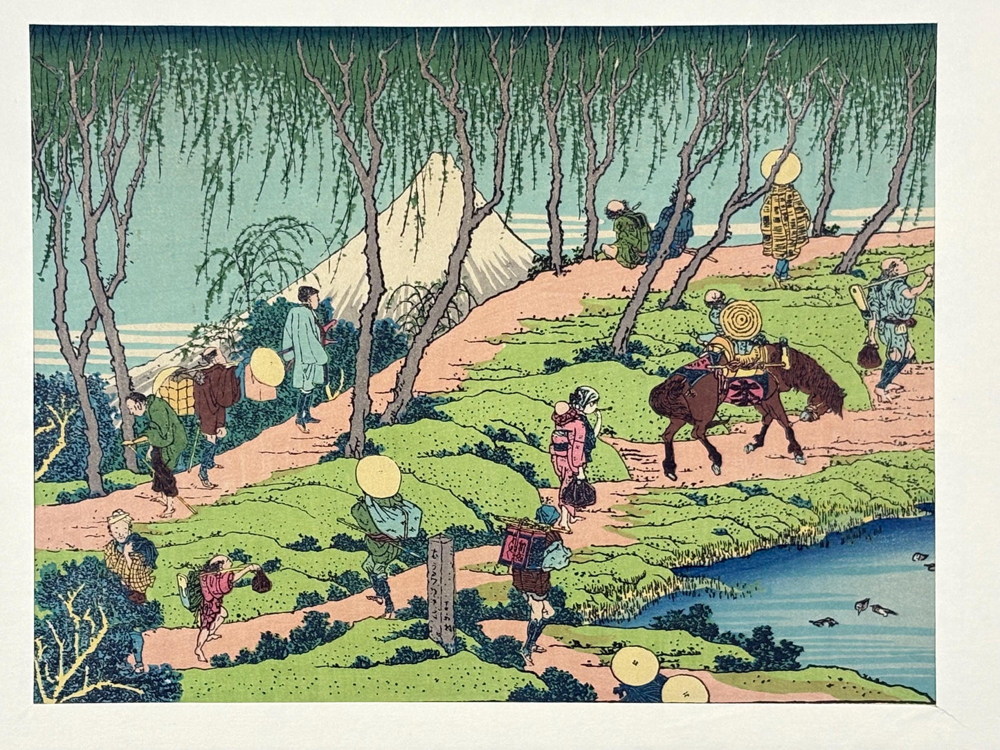Japanese Ukiyoe, Woodblock print, Hokusai, "Mt.fuji seen from willows bank"