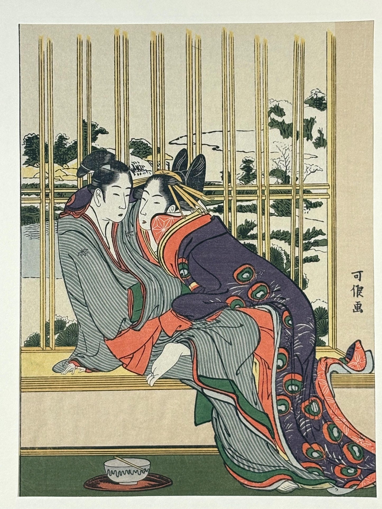 Japanese Ukiyoe, Woodblock print, Katsushika Hokusai, "Azuma and Yogoro in a snowy morning"