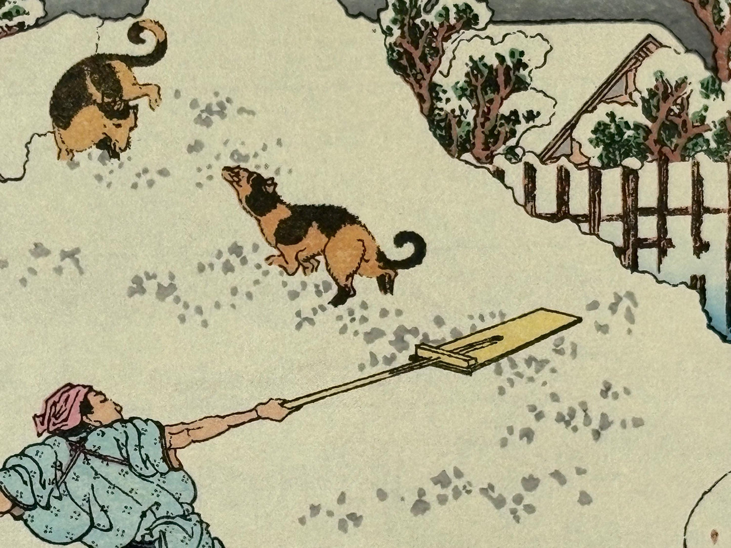 Japanese Ukiyoe, Woodblock print, Katsushika Hokusai, "A morning scenery in the downtown after a heavy snowfall"