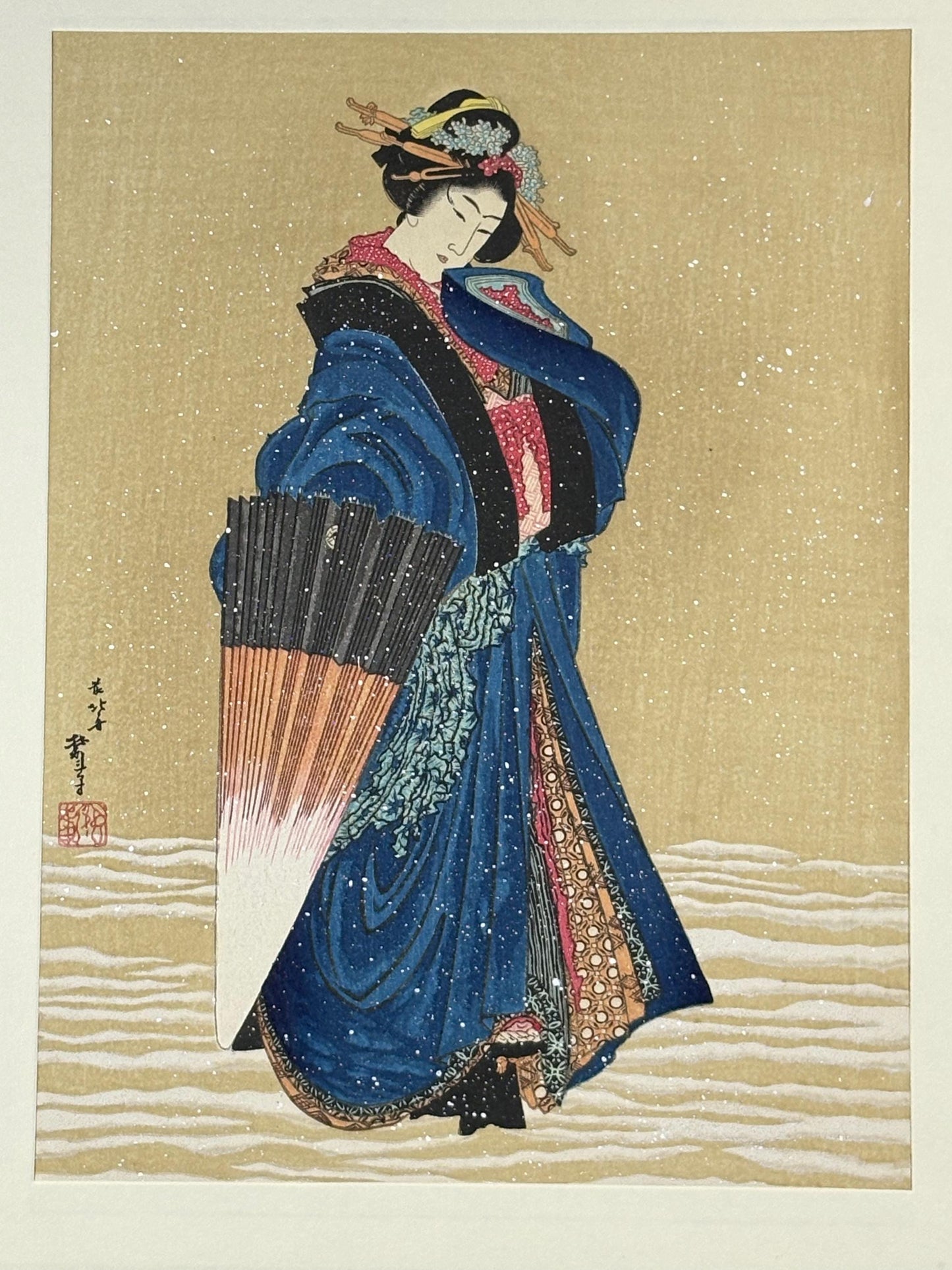Japanese Ukiyoe, Woodblock print, Katsushika Hokusai, "Abelle in the snow"