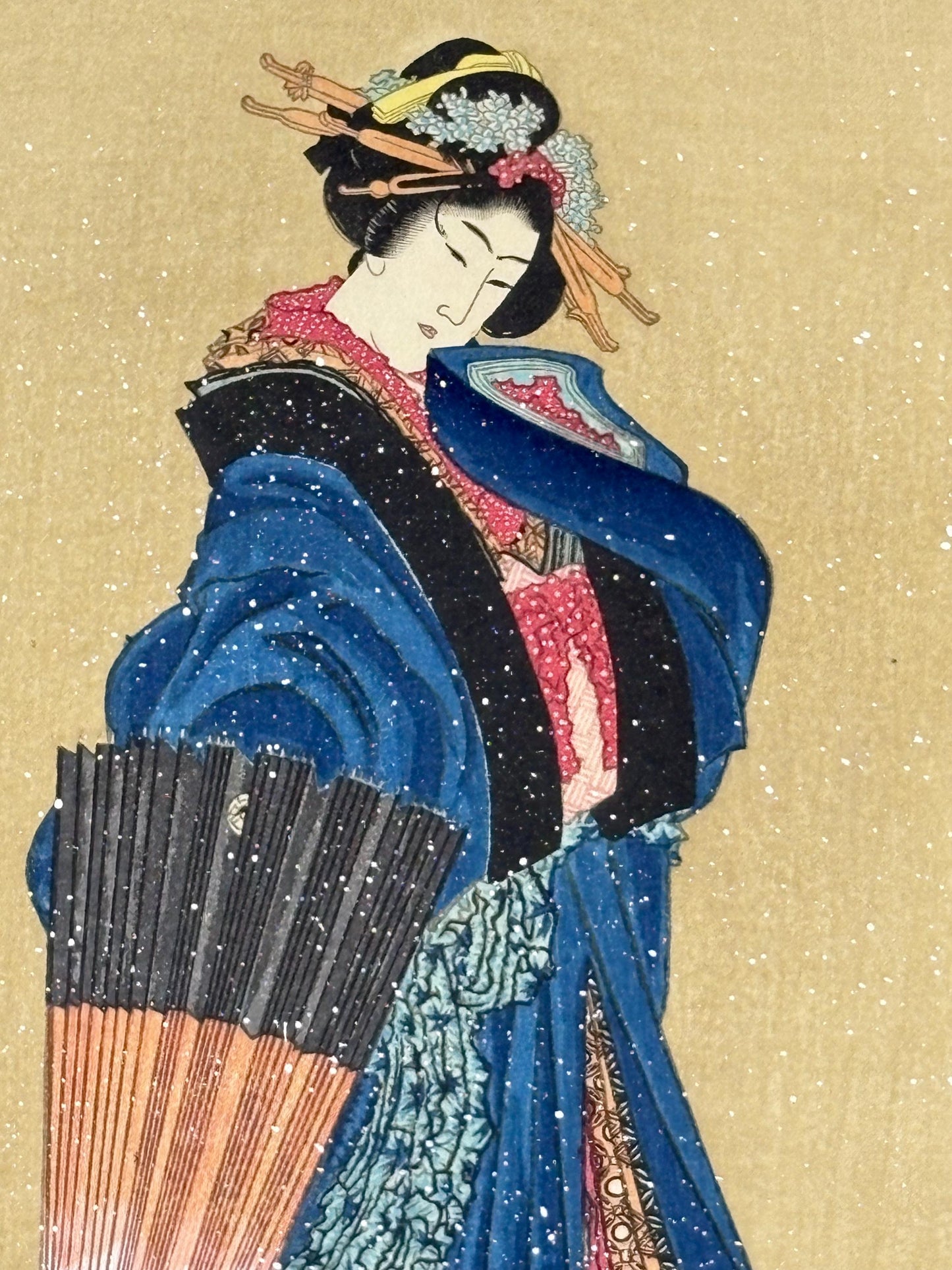 Japanese Ukiyoe, Woodblock print, Katsushika Hokusai, "Abelle in the snow"