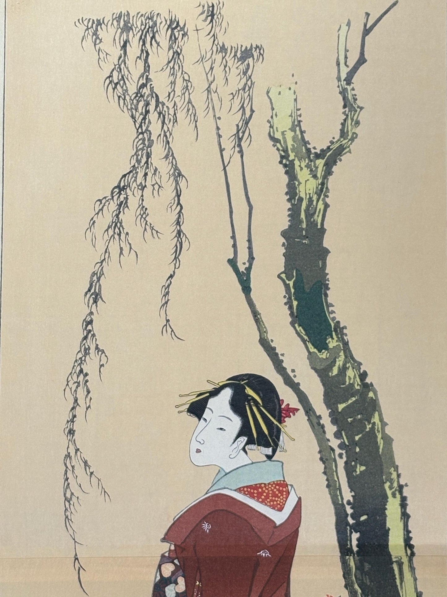 Japanese Ukiyoe, Woodblock print, Katsushika Hokusai, "A Beautiful Woman beneath a Willow Tree"