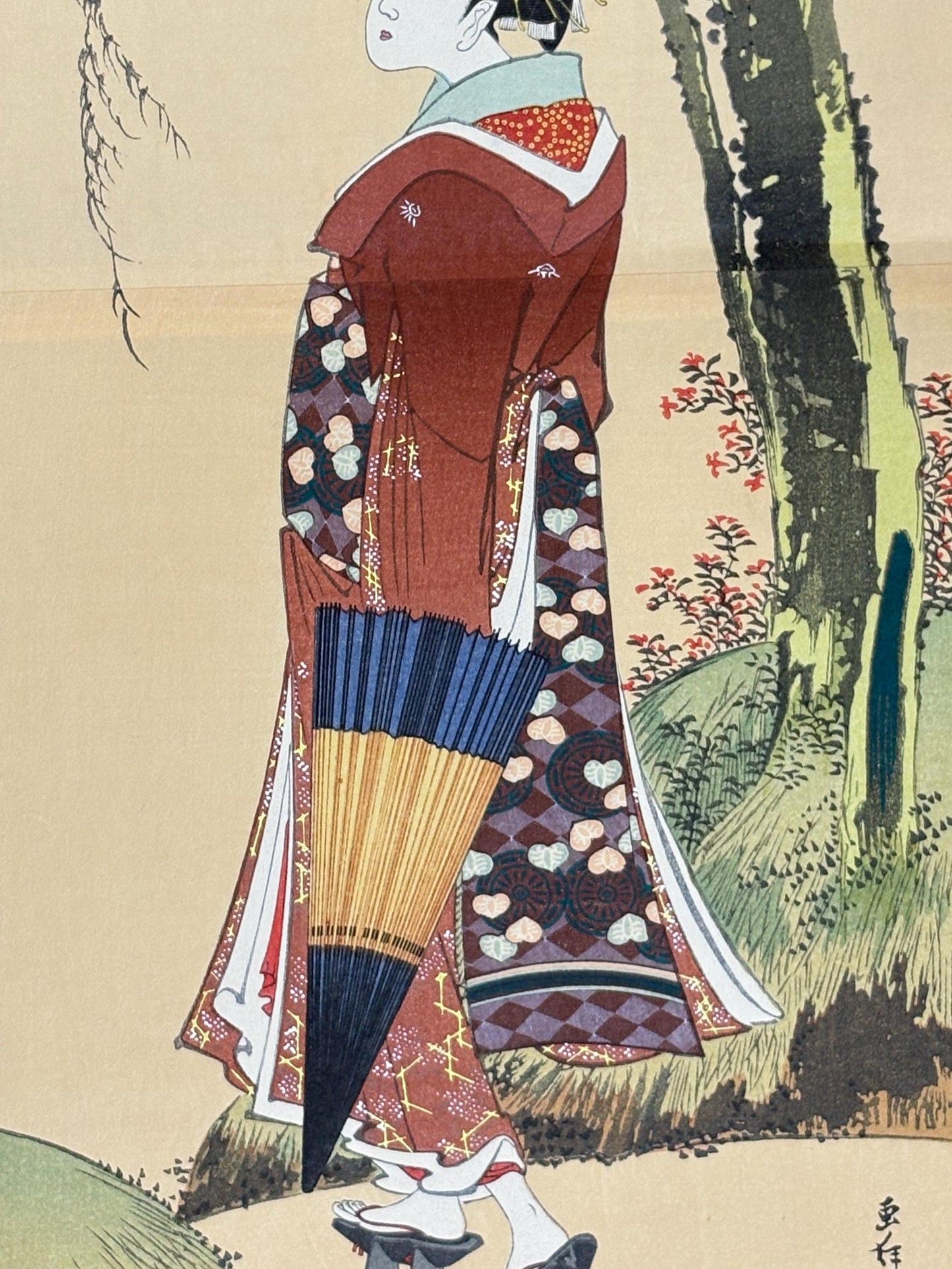 Japanese Ukiyoe, Woodblock print, Katsushika Hokusai, "A Beautiful Woman beneath a Willow Tree"