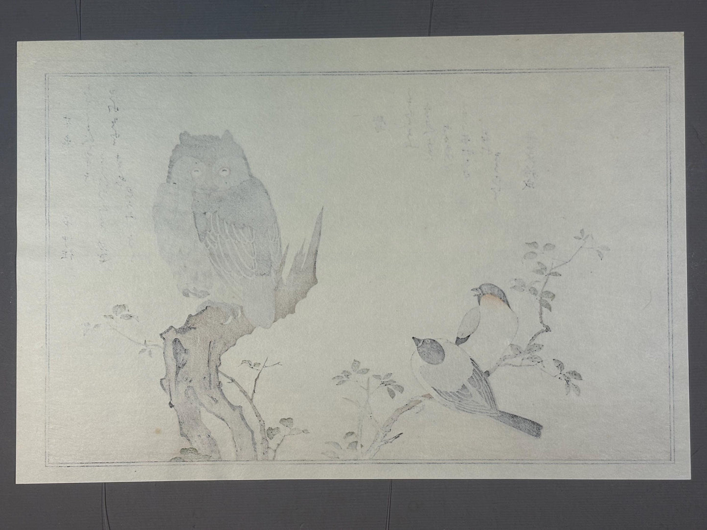 Japanese Ukiyo-e, woodblock print, Utamaro , "Horned Owl and Bullfinch"
