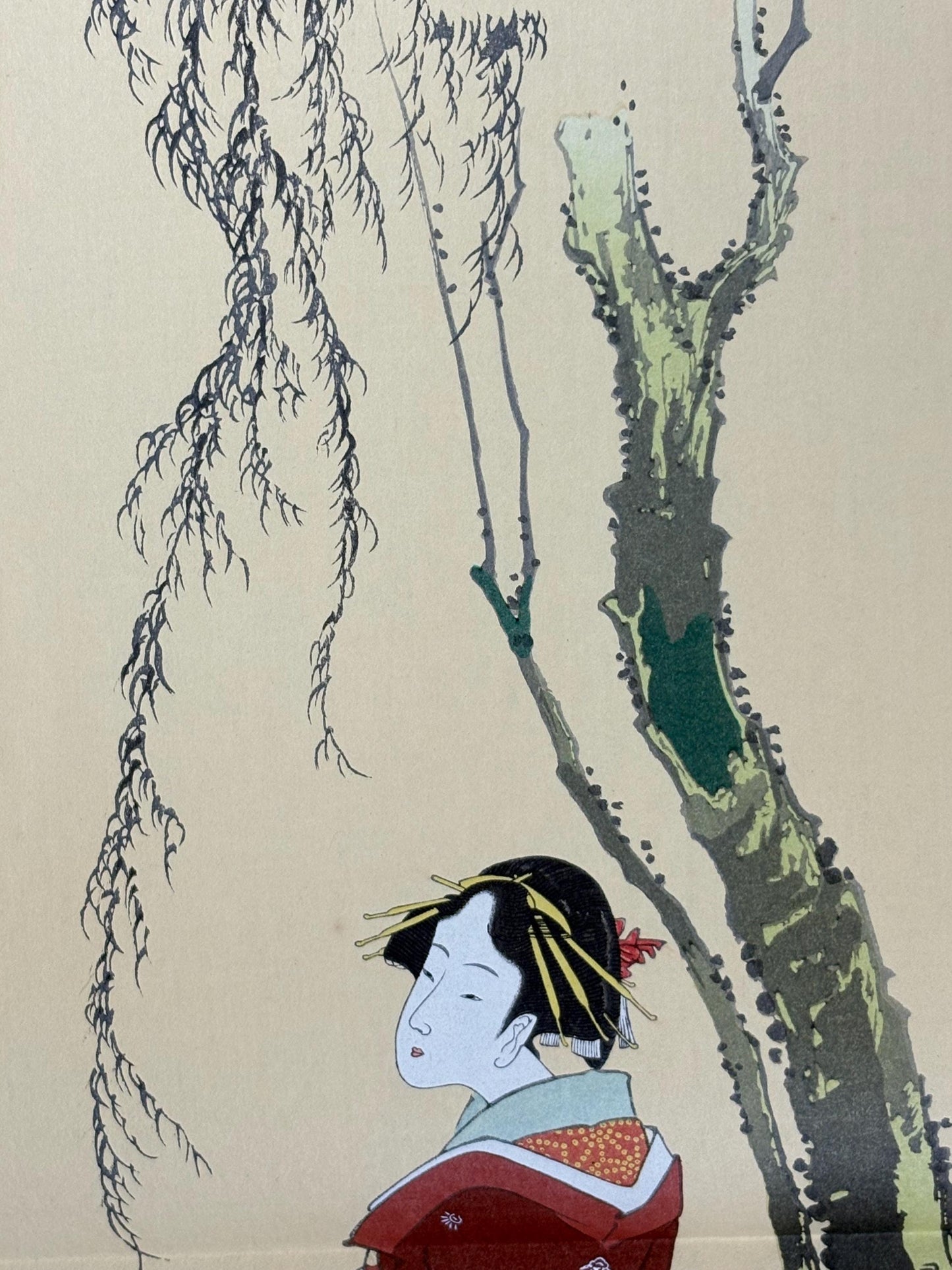Japanese Ukiyoe, Woodblock print, Katsushika Hokusai, "A Beautiful Woman beneath a Willow Tree"