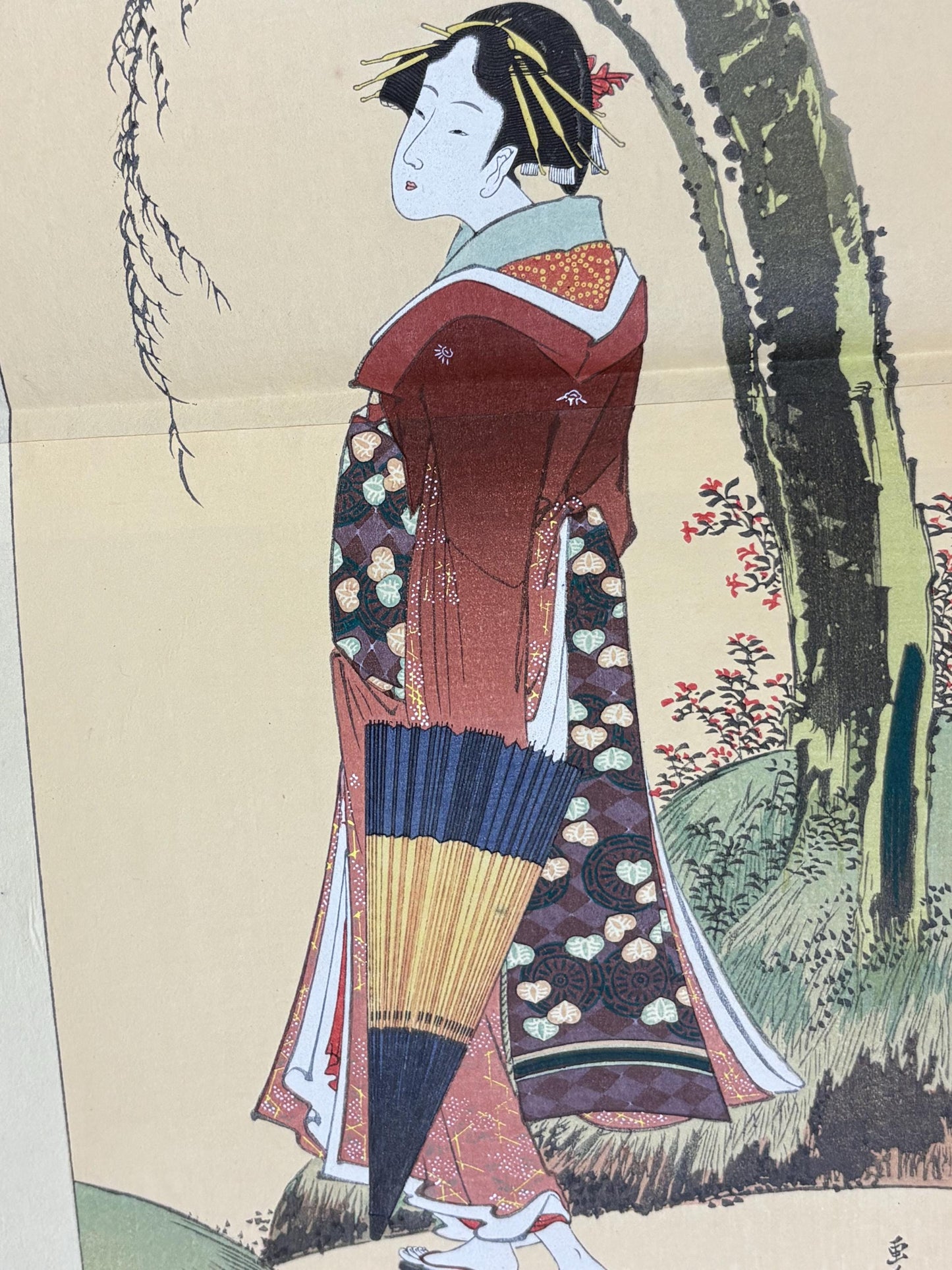 Japanese Ukiyoe, Woodblock print, Katsushika Hokusai, "A Beautiful Woman beneath a Willow Tree"
