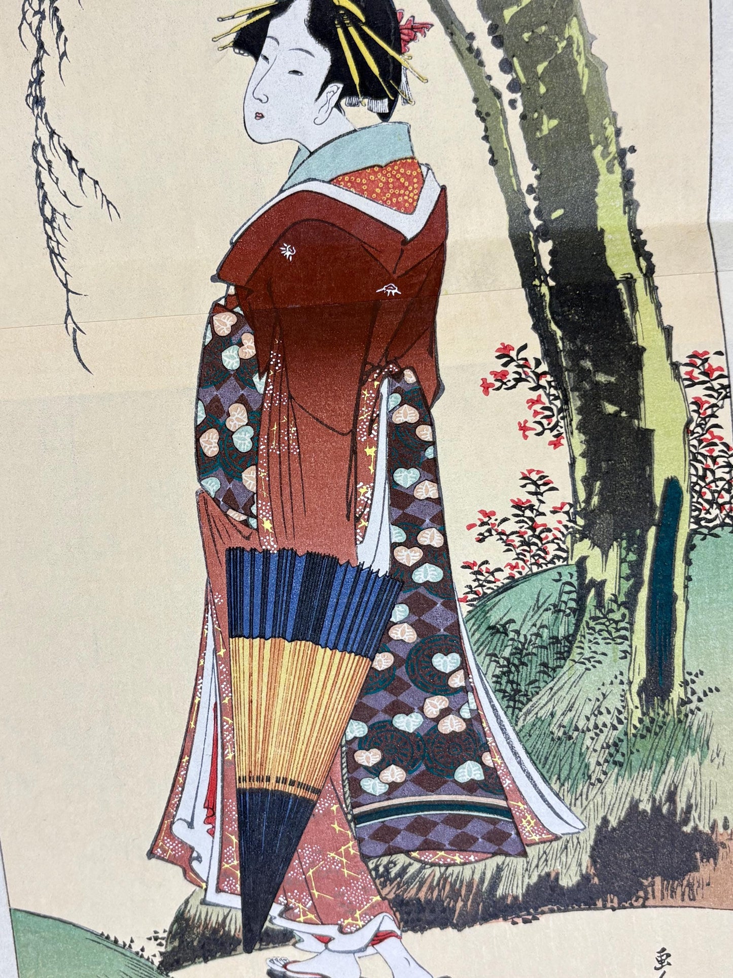 Japanese Ukiyoe, Woodblock print, Katsushika Hokusai, "A Beautiful Woman beneath a Willow Tree"