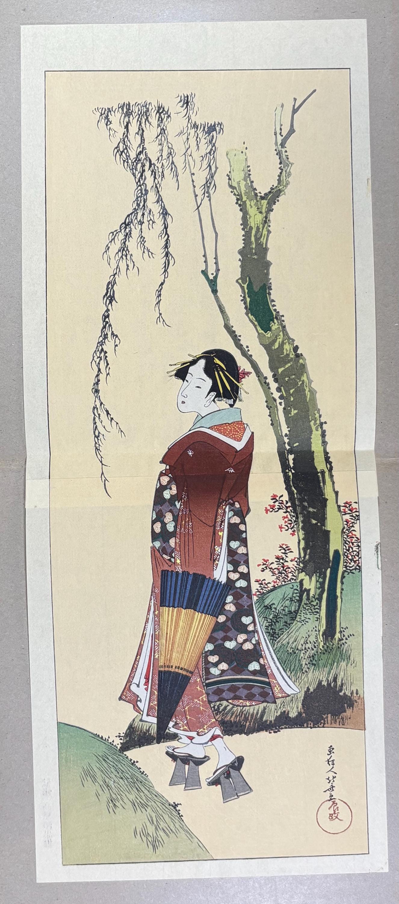 Japanese Ukiyoe, Woodblock print, Katsushika Hokusai, "A Beautiful Woman beneath a Willow Tree"