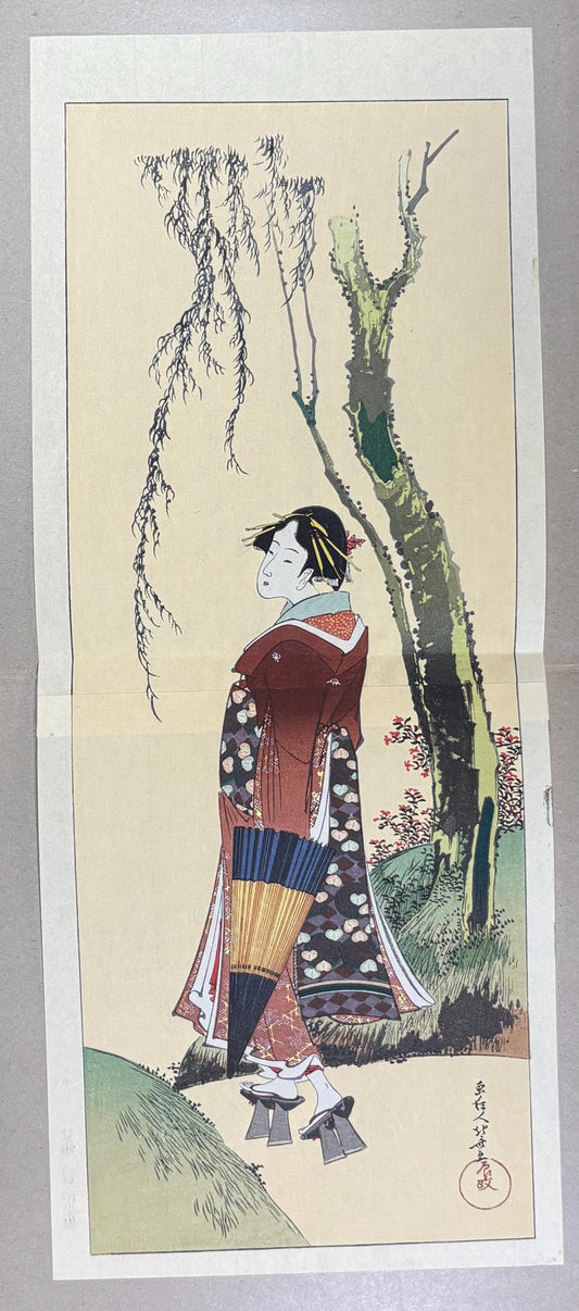 Japanese Ukiyoe, Woodblock print, Katsushika Hokusai, "A Beautiful Woman beneath a Willow Tree"
