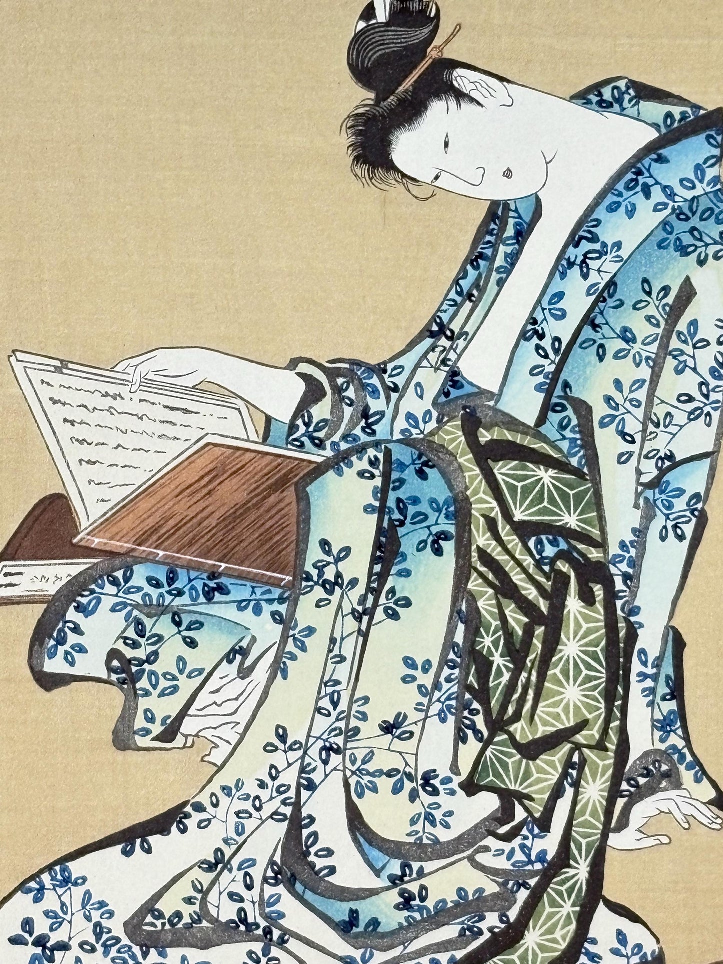 Japanese Ukiyoe, Woodblock print, Katsushika Hokusai, "A book-reading ripe beauty"