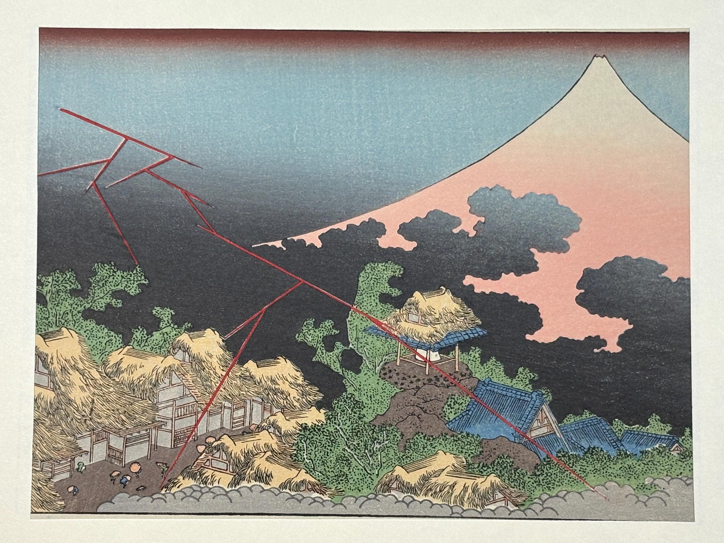 Japanese Ukiyoe, Woodblock print, Katsushika Hokusai, "Mt.fuji in evening shower"