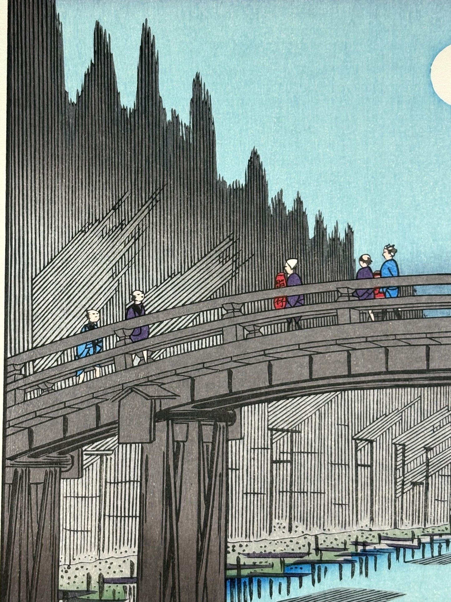 Japanese woodblock print, Hiroshige, "Bamboo Yards, Kyôbashi Bridge, from the series One Hundred Famous Views of Edo"