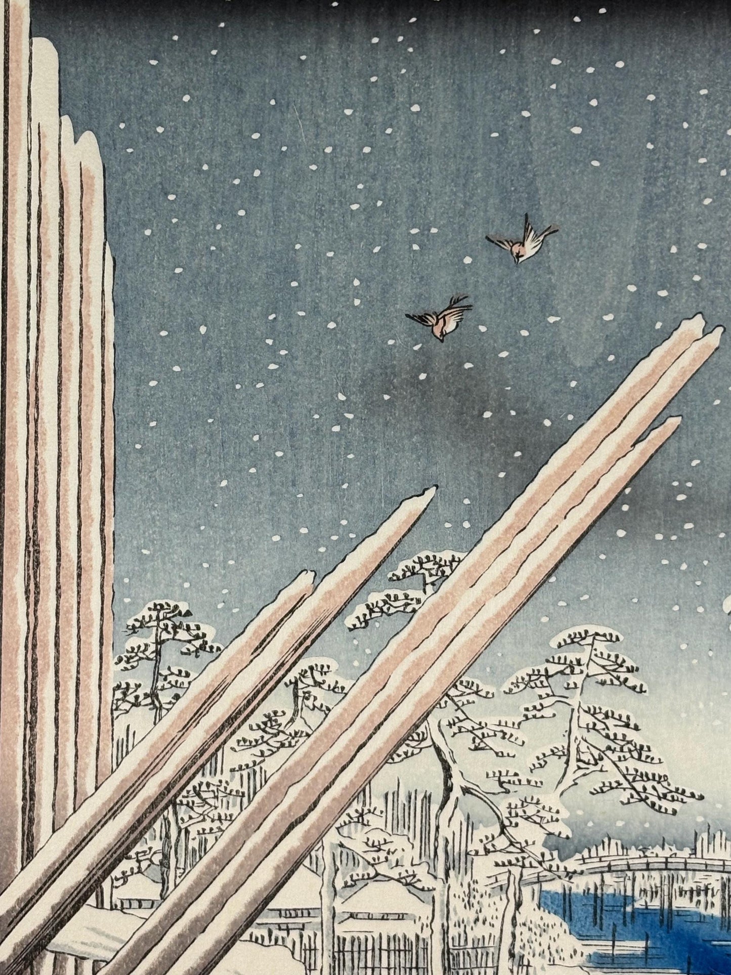 Japanese woodblock print, Hiroshige, "Fukagawa Lumberyards, from the series One Hundred Famous Views of Edo"
