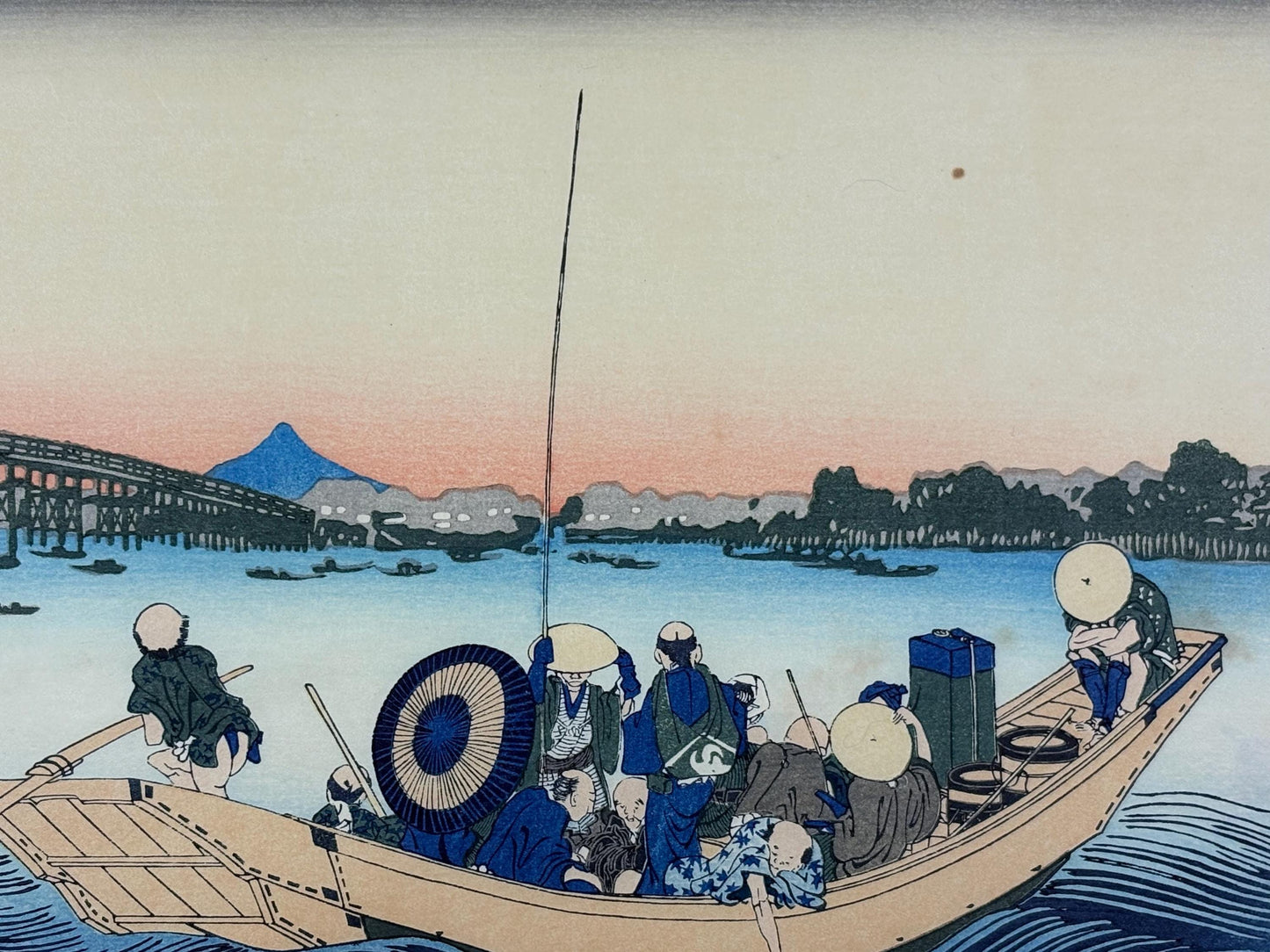 Japanese Ukiyo-e, Woodcut print, Hokusai, "Sunset across the Ryōgoku bridge from the bank of the Sumida River at Onmayagashi"