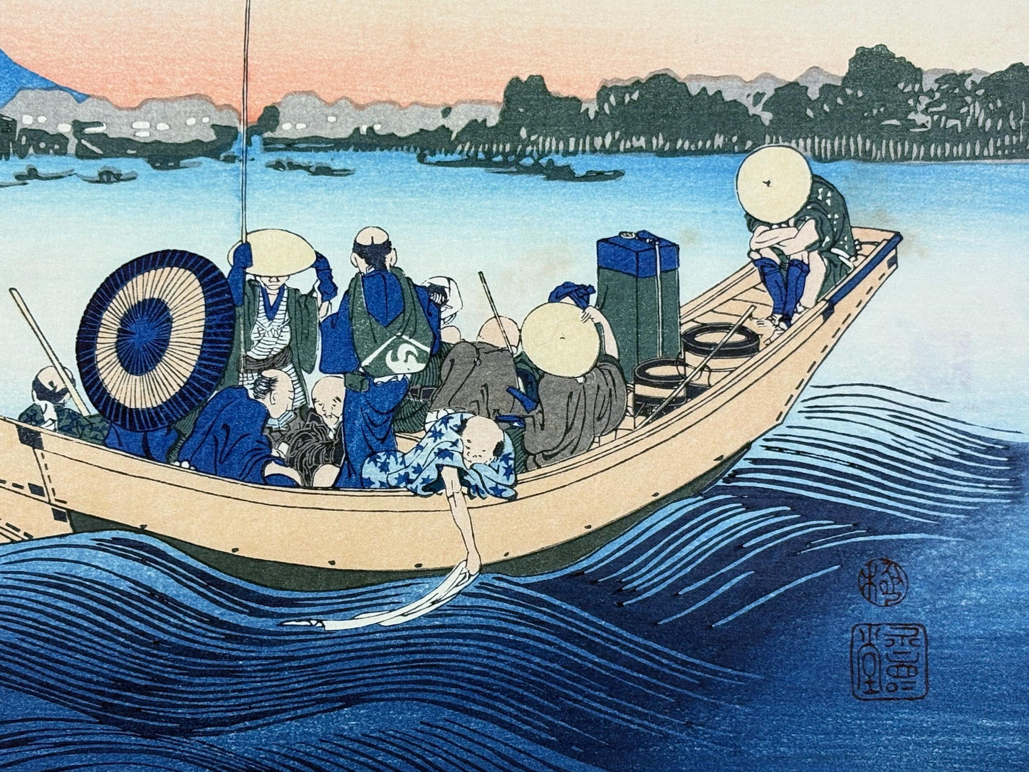 Japanese Ukiyo-e, Woodcut print, Hokusai, "Sunset across the Ryōgoku bridge from the bank of the Sumida River at Onmayagashi"