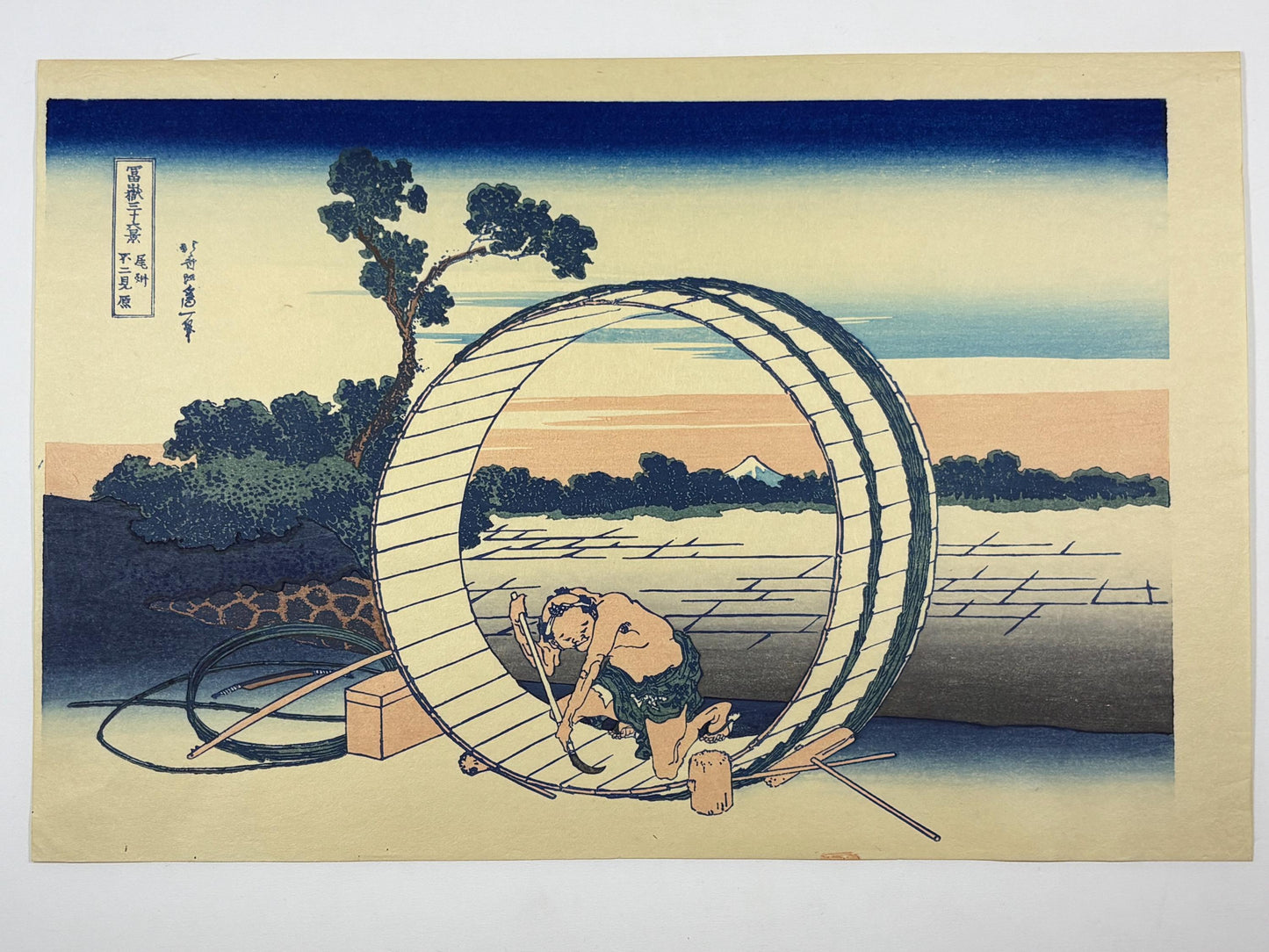 Japanese Ukiyo-e, Woodcut print, Hokusai, "Fuji View Field in Owari Province"