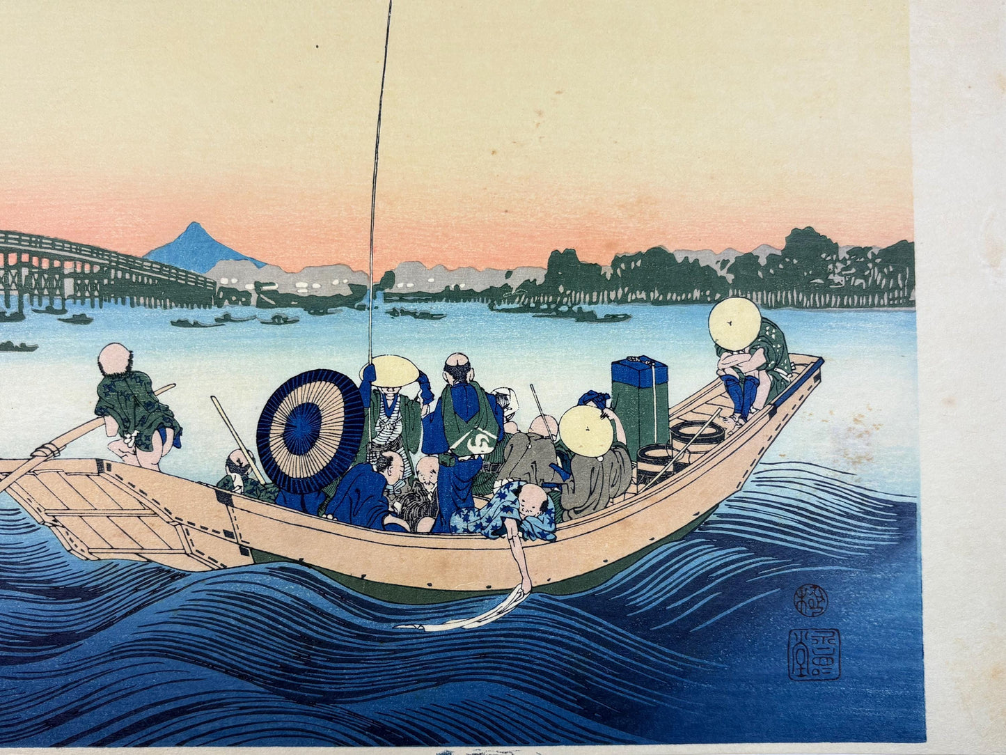 Japanese Ukiyo-e, Woodcut print, Hokusai, "Sunset across the Ryōgoku bridge from the bank of the Sumida River at Onmayagashi"