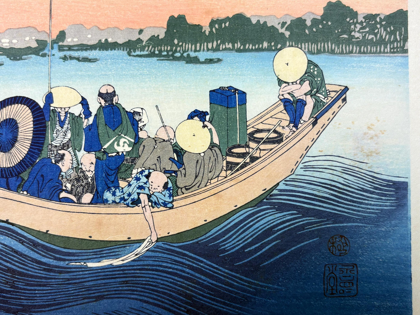 Japanese Ukiyo-e, Woodcut print, Hokusai, "Sunset across the Ryōgoku bridge from the bank of the Sumida River at Onmayagashi"