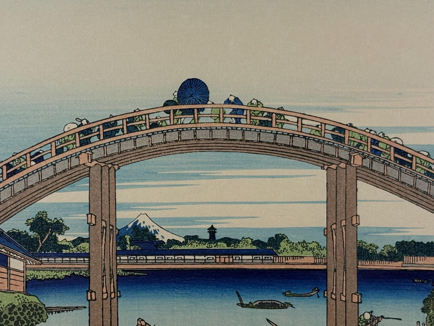 Japanese Ukiyo-e, Woodcut print, Hokusai, "Under Mannen Bridge at Fukagawa"
