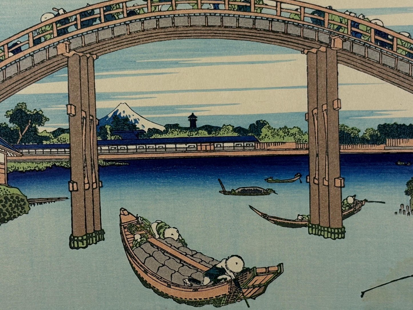 Japanese Ukiyo-e, Woodcut print, Hokusai, "Under Mannen Bridge at Fukagawa"