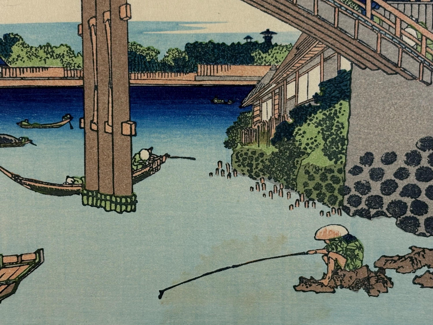 Japanese Ukiyo-e, Woodcut print, Hokusai, "Under Mannen Bridge at Fukagawa"