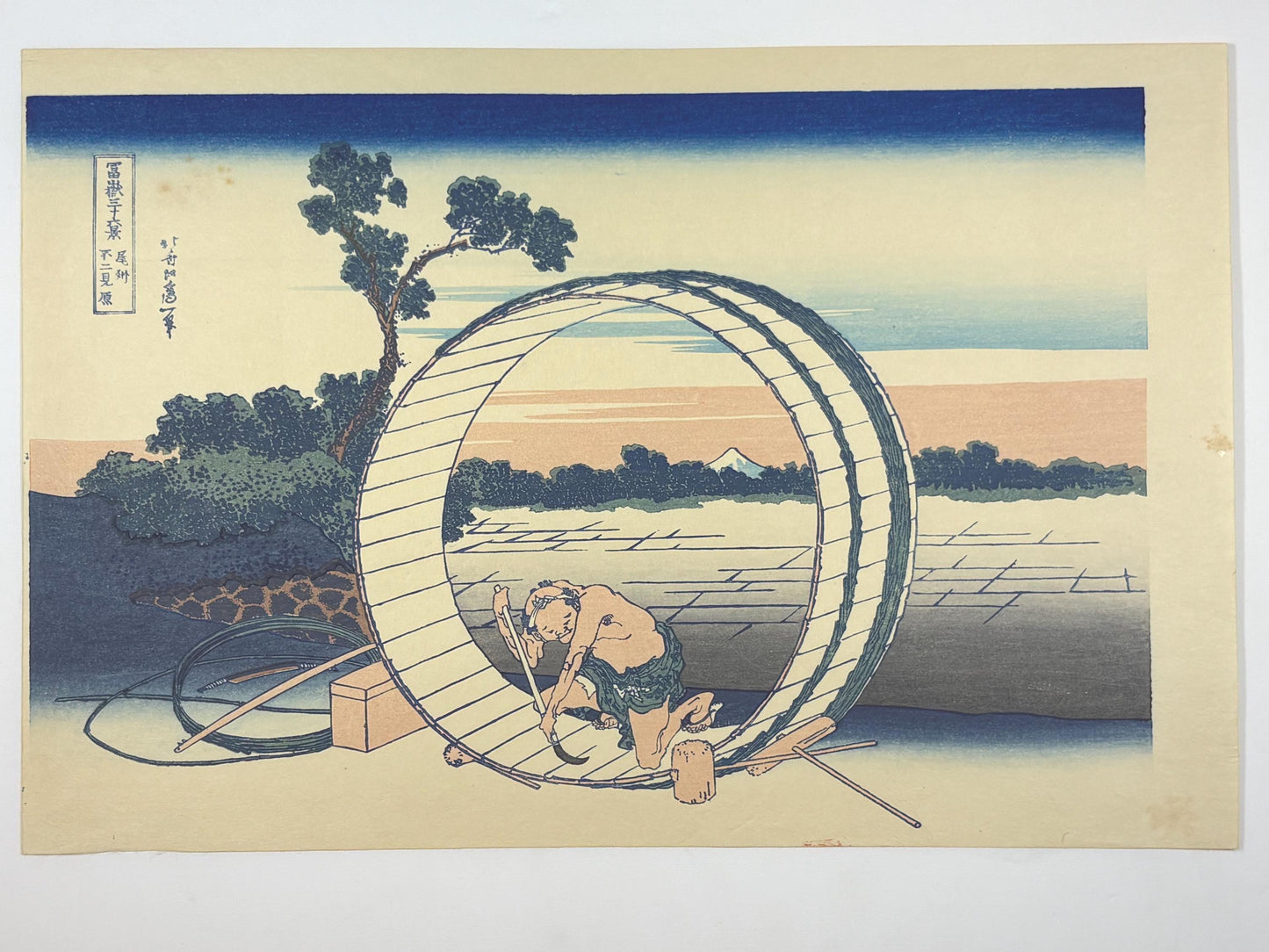 Japanese Ukiyo-e, Woodcut print, Hokusai, "Fuji View Field in Owari Province"