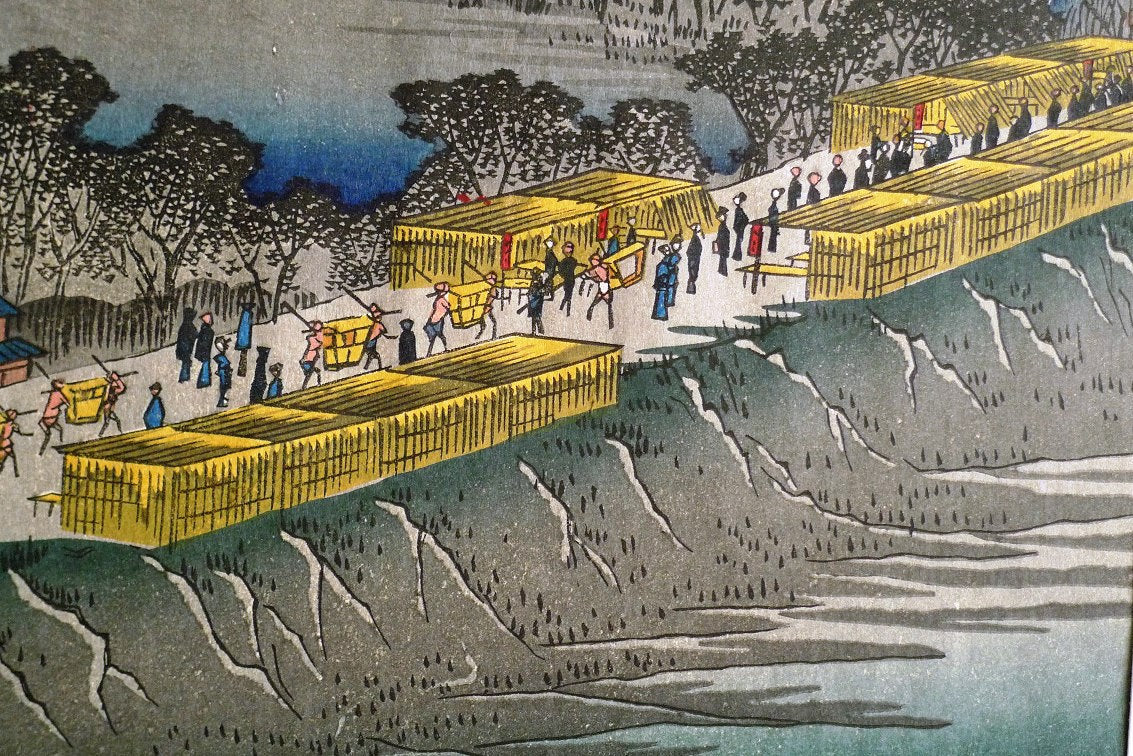 Japanese Ukiyoe, woodcut print, Japanese Ukiyo-e Woodblock print, Hiroshige, "Nihon Embankment, Yoshiwara"