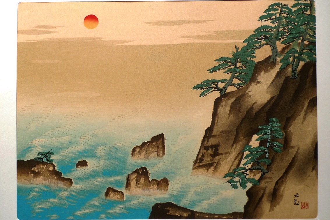 Large size, Japanese antique woodblock print, Yokoyama Taikan, Large size.
