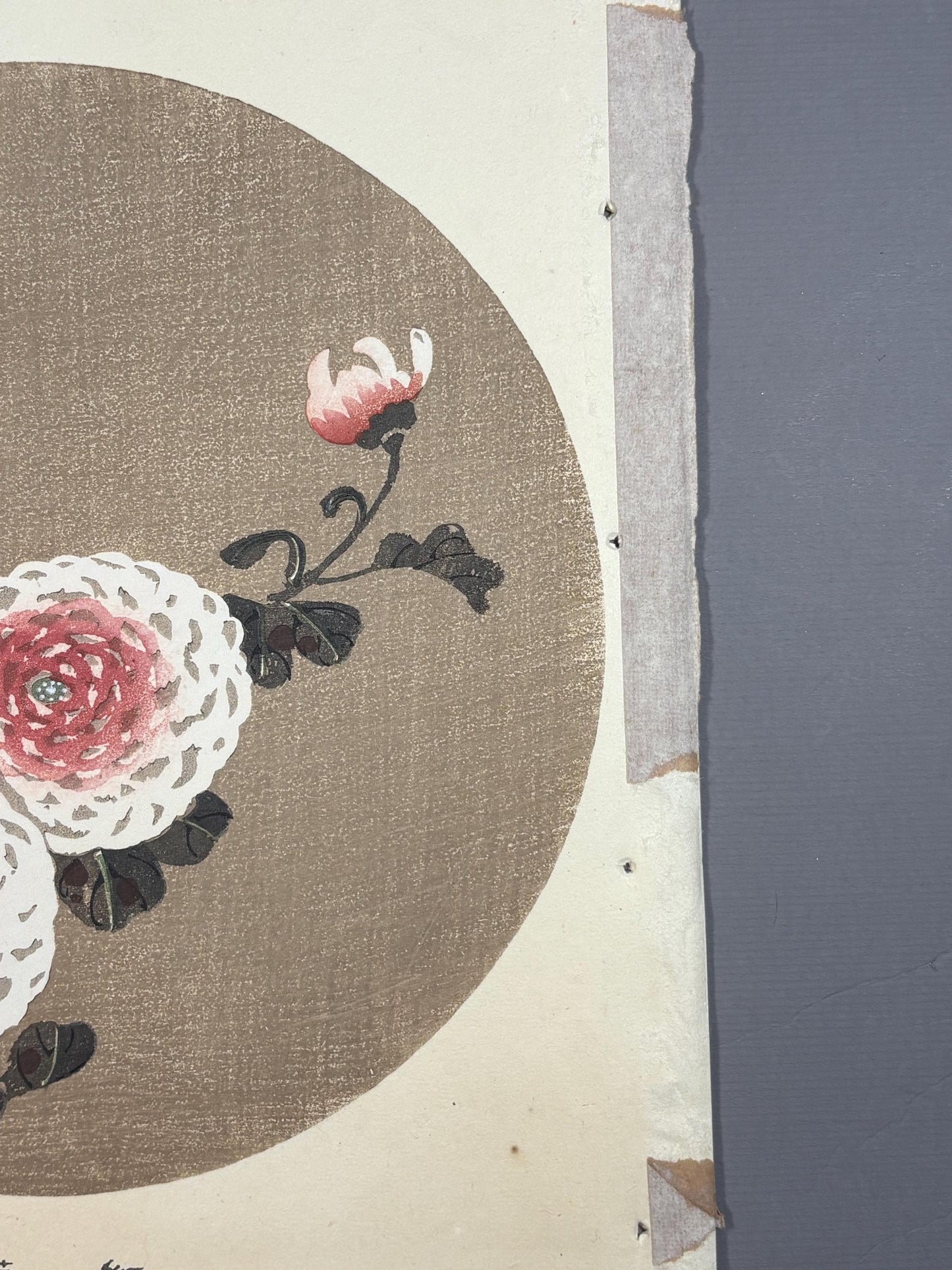 1908, Japanese antique woodblock print, Ito Jakuchu, "Red chrysanthemum, from Jakuchu gafu"