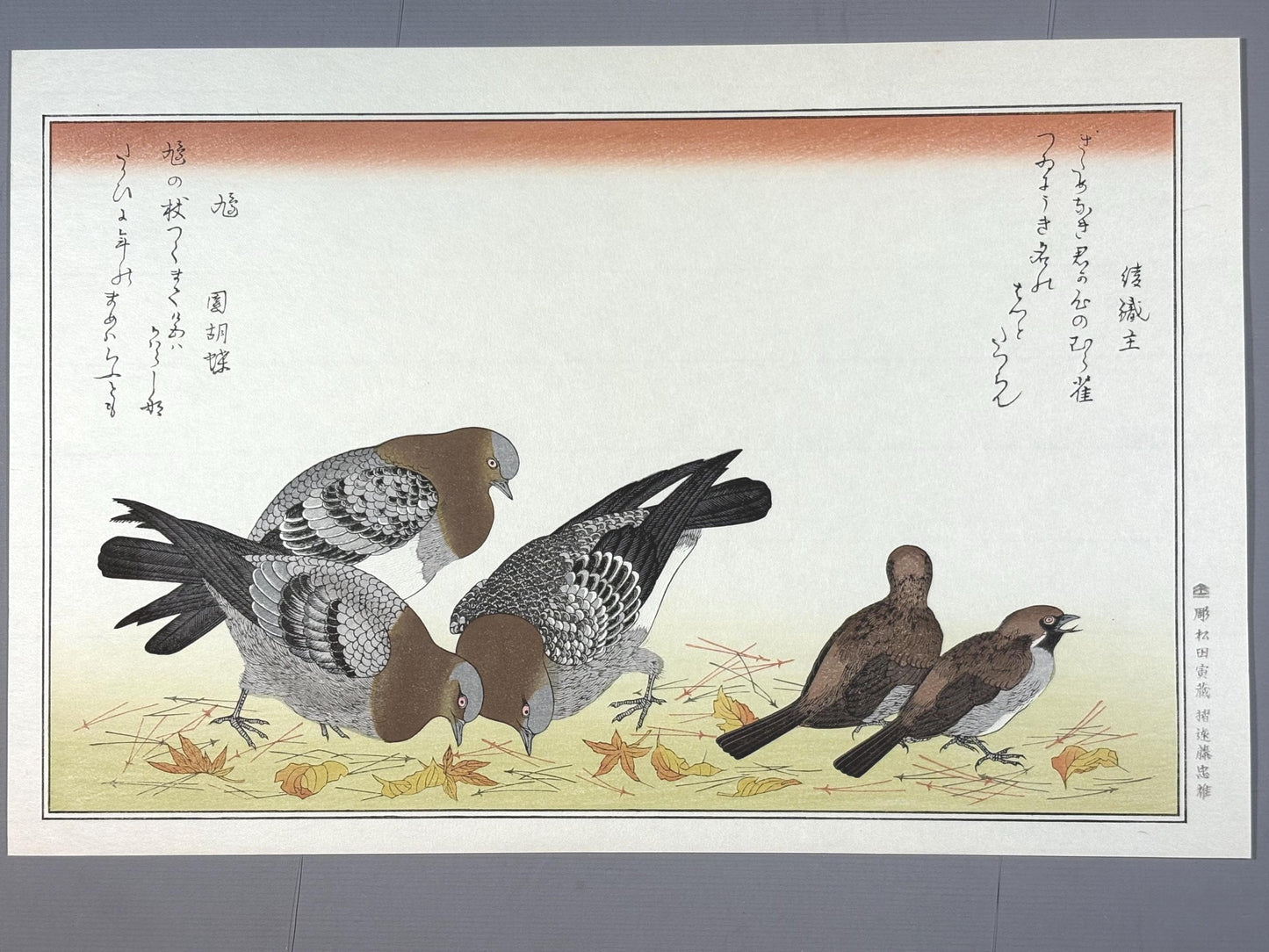 Japanese Ukiyo-e, woodblock print, Utamaro , "Sparrow and Pigeon"