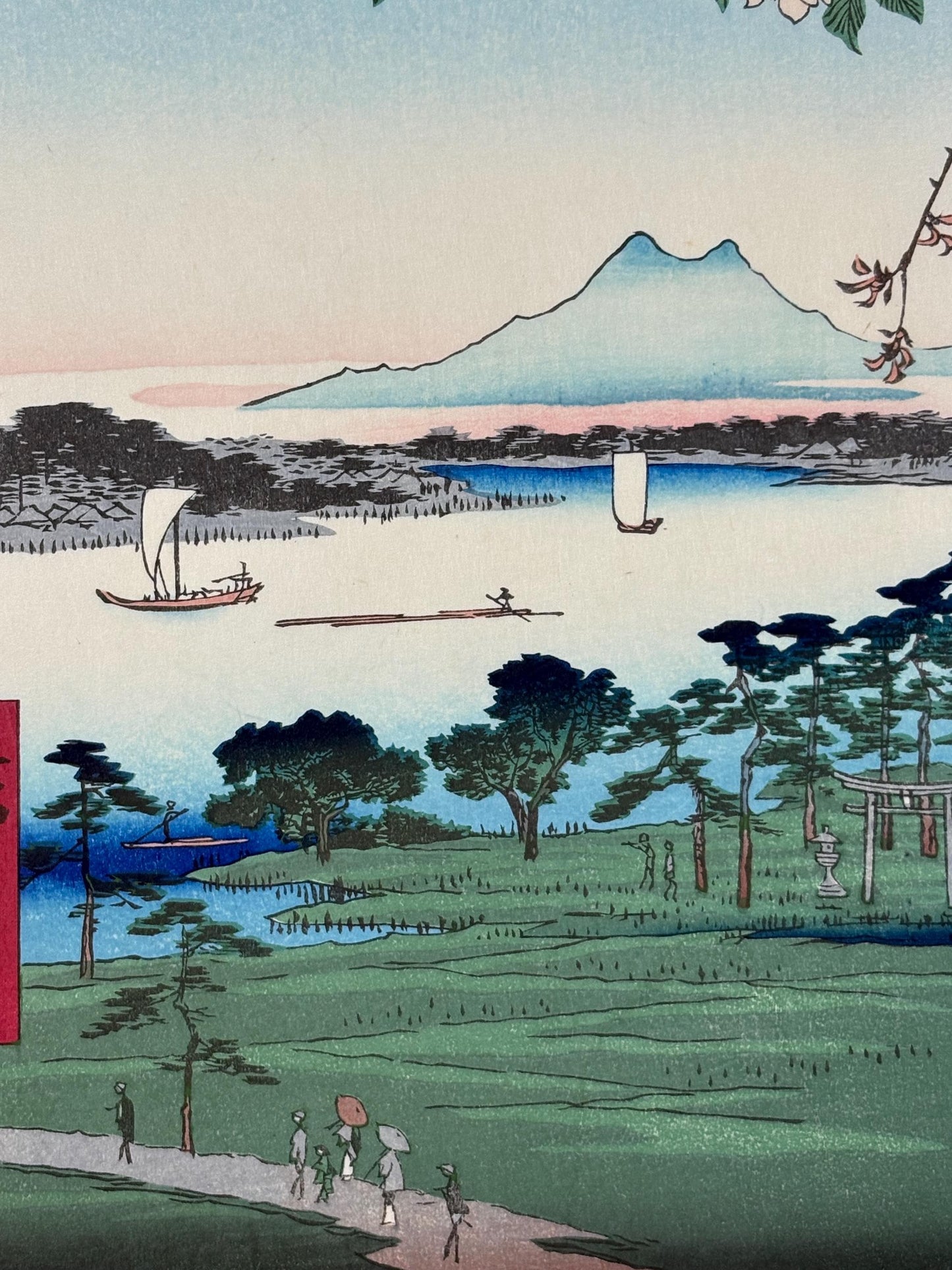 Japanese Ukiyoe, woodblock print, Hiroshige, "Suijin Shrine and Massaki on the Sumida River, from the series One Hundred Famous Views of Edo