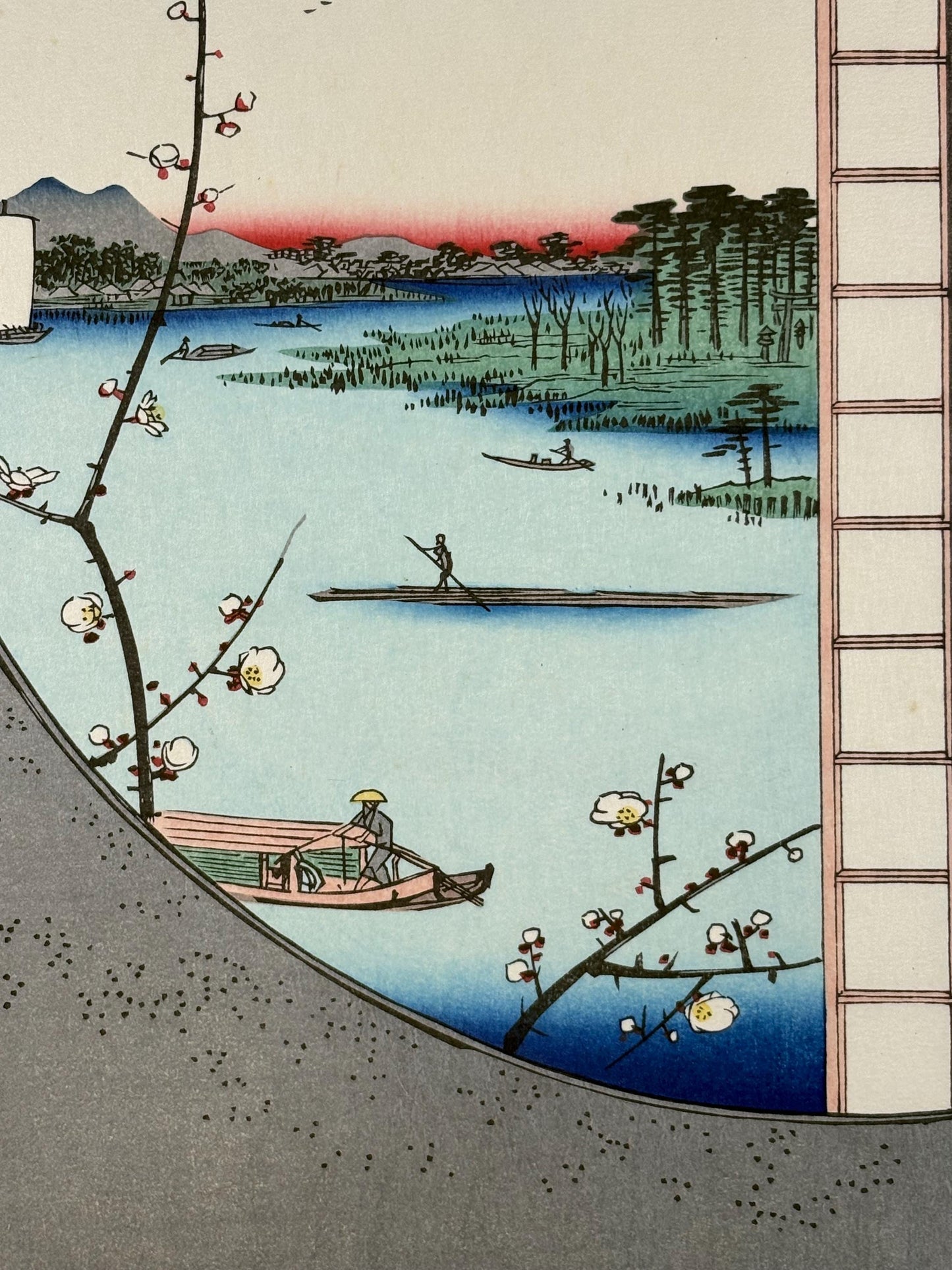 Japanese Ukiyoe, woodblock print, Hiroshige, "View from Massaki of Suijin Shrine, from the series One Hundred Famous Views of Edo"