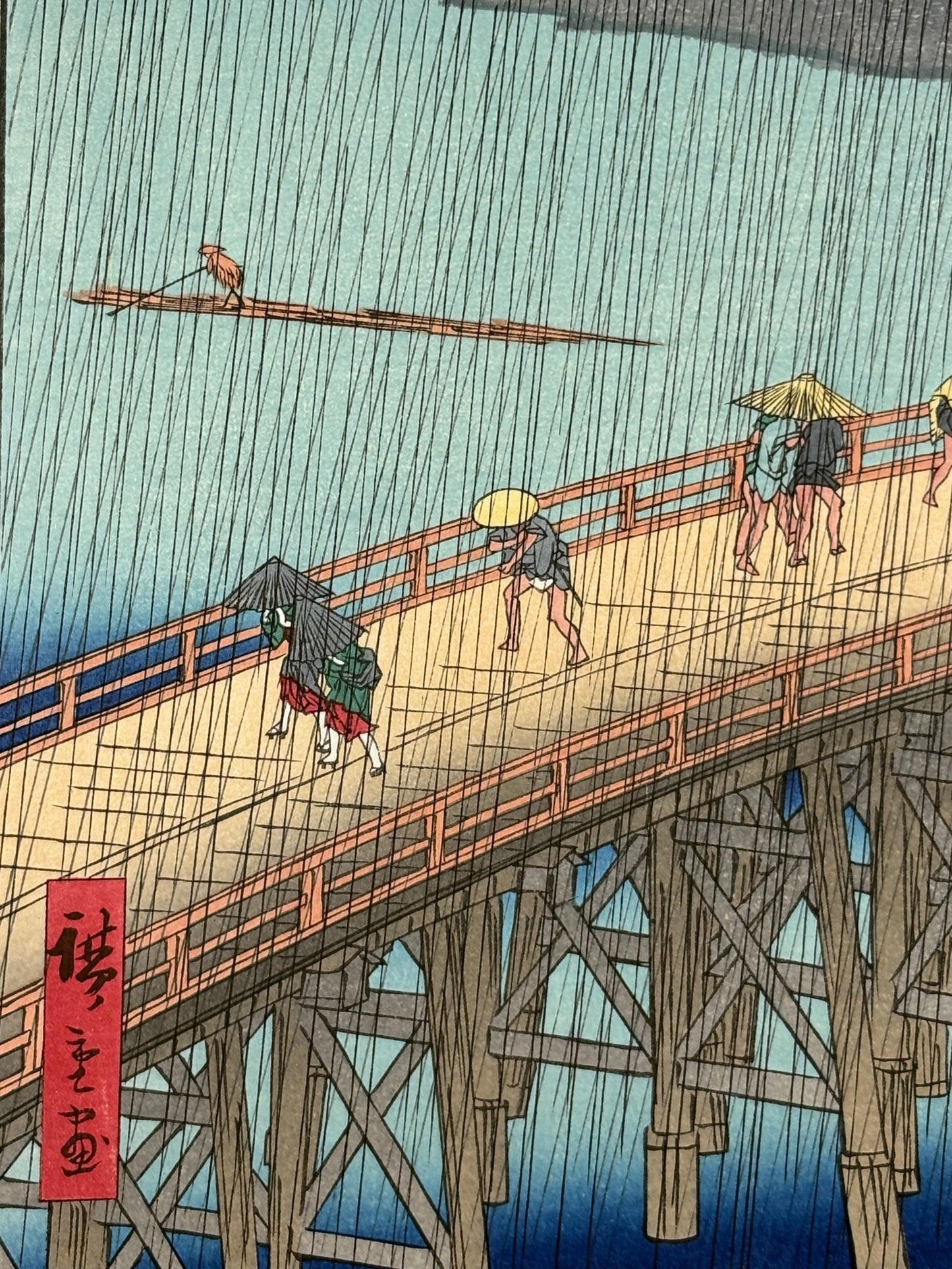 Japanese woodblock print, Hiroshige, "Sudden Shower over Shin-Ôhashi Bridge and Atake , from the series One Hundred Famous Views of Edo"