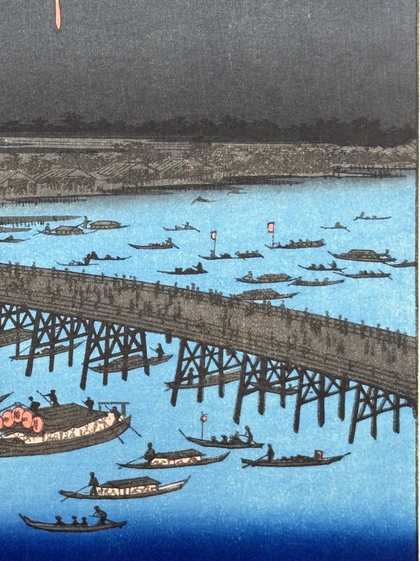 Japanese woodblock print, Hiroshige, "Fireworks at Ryôgoku), from the series One Hundred Famous Views of Edo"