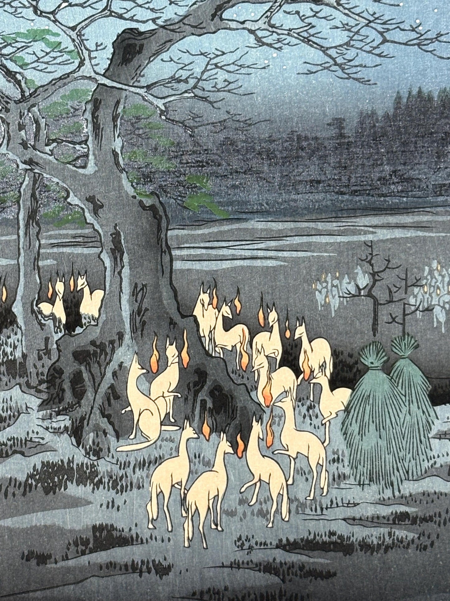 Japanese woodblock print, Hiroshige, "New Year's Eve Foxfires at the Changing Tree, Ôji, from the series One Hundred Famous Views of Edo"