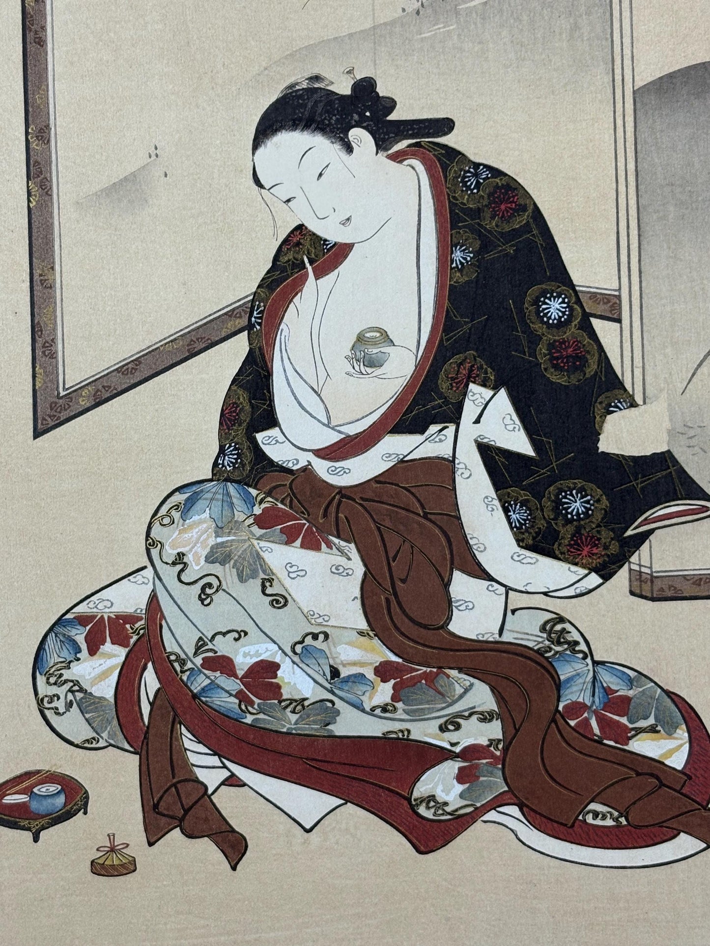 Japanese antique Ukiyoe, woodcut print, 1906, Japanese antique woodblock print, Miyagawa Choki, "美人薫衣図", from Ukiyoe-ha-gashu.