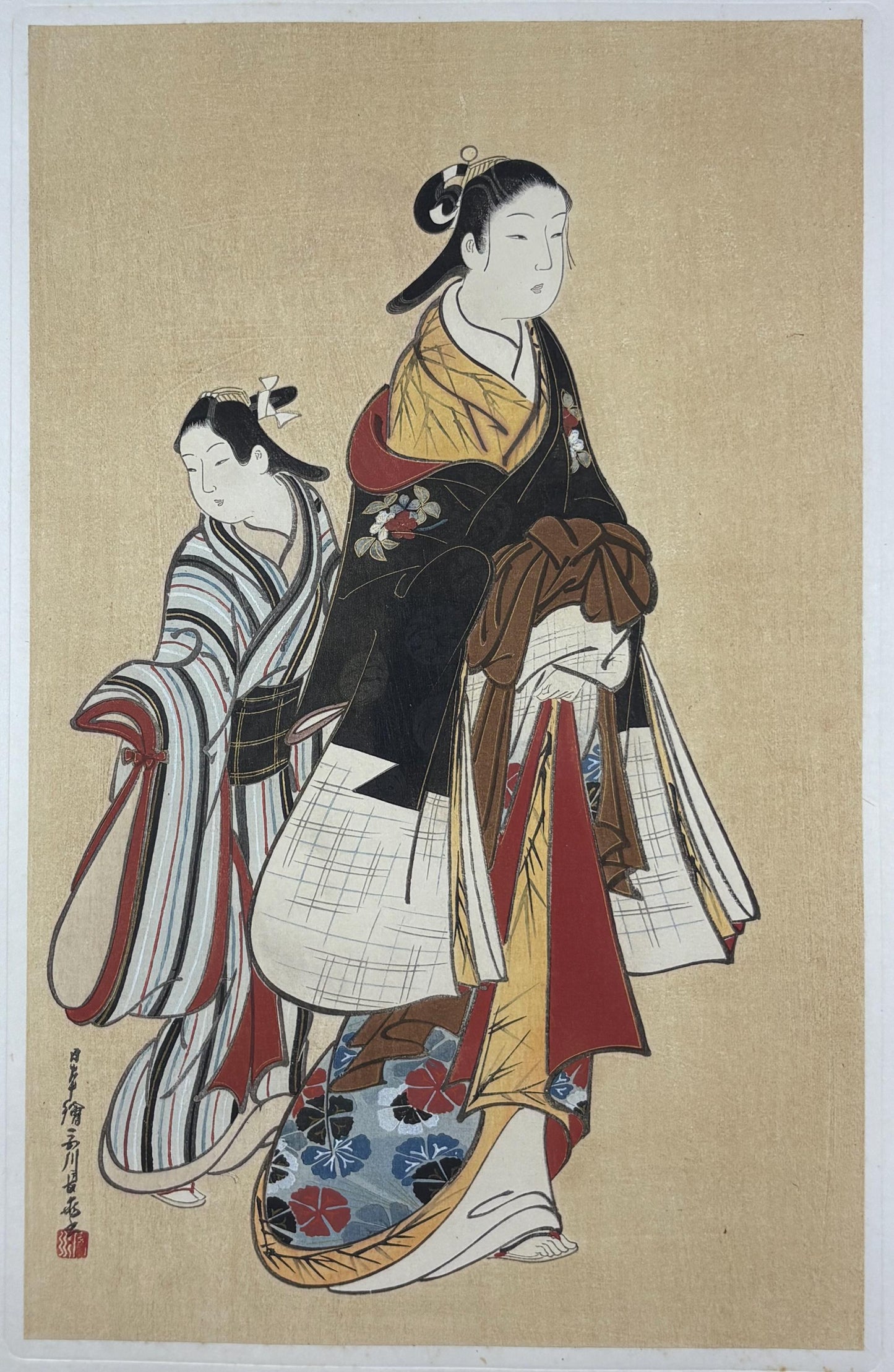 Japanese antique Ukiyoe, woodcut print, 1906, Japanese antique woodblock print, Miyagawa Choki, "美人少女図", from Ukiyoe-ha-gashu.