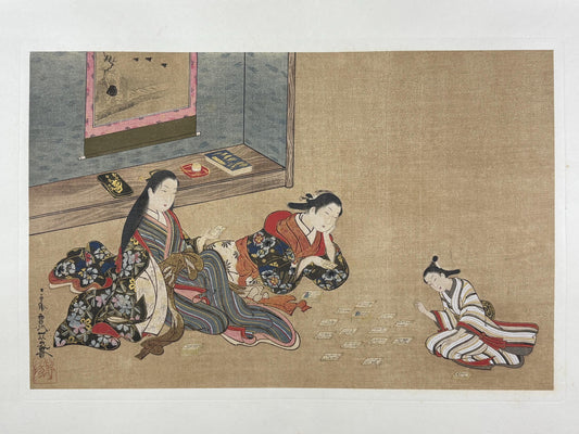 Ukiyoe-ha-gashu,  Japanese antique Ukiyoe, woodcut print, 1906, Miyagawa Issho, "美人弄骨牌図"