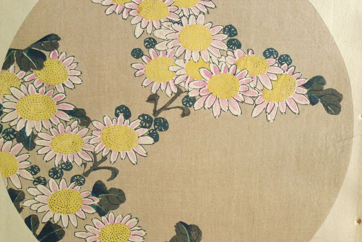 1908, Japanese antique woodblock print, Ito Jakuchu, "Winter chrysanthemum, from Jakuchu gafu", woodcut print.