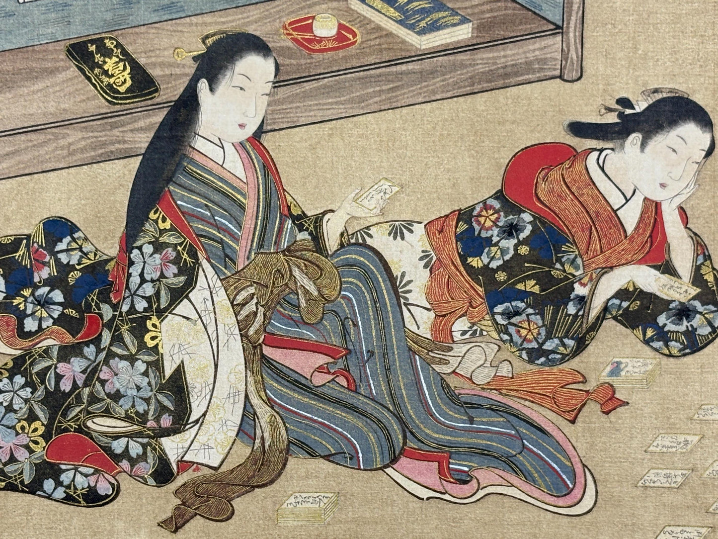 Ukiyoe-ha-gashu,  Japanese antique Ukiyoe, woodcut print, 1906, Miyagawa Issho, "美人弄骨牌図"
