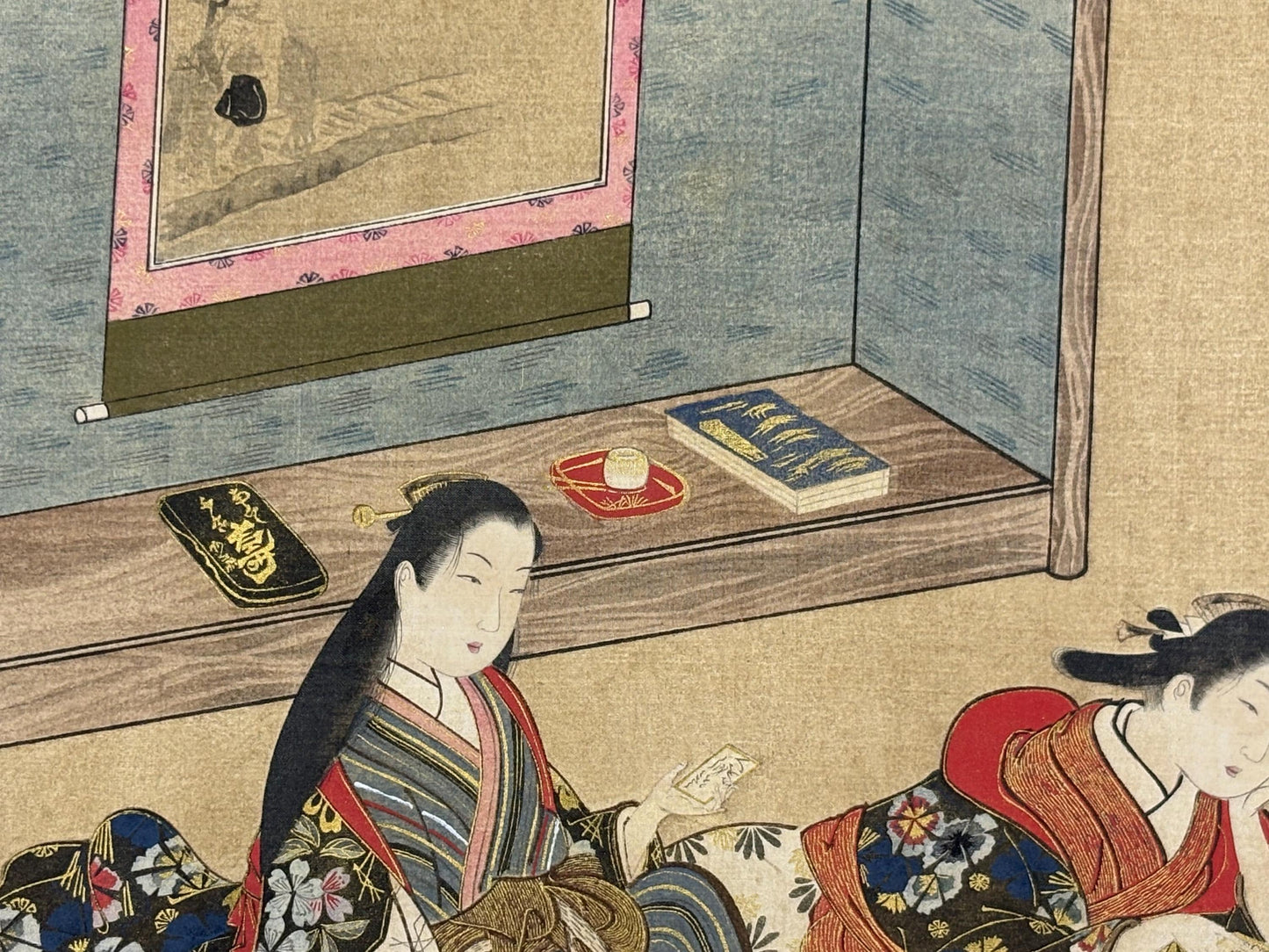 Ukiyoe-ha-gashu,  Japanese antique Ukiyoe, woodcut print, 1906, Miyagawa Issho, "美人弄骨牌図"